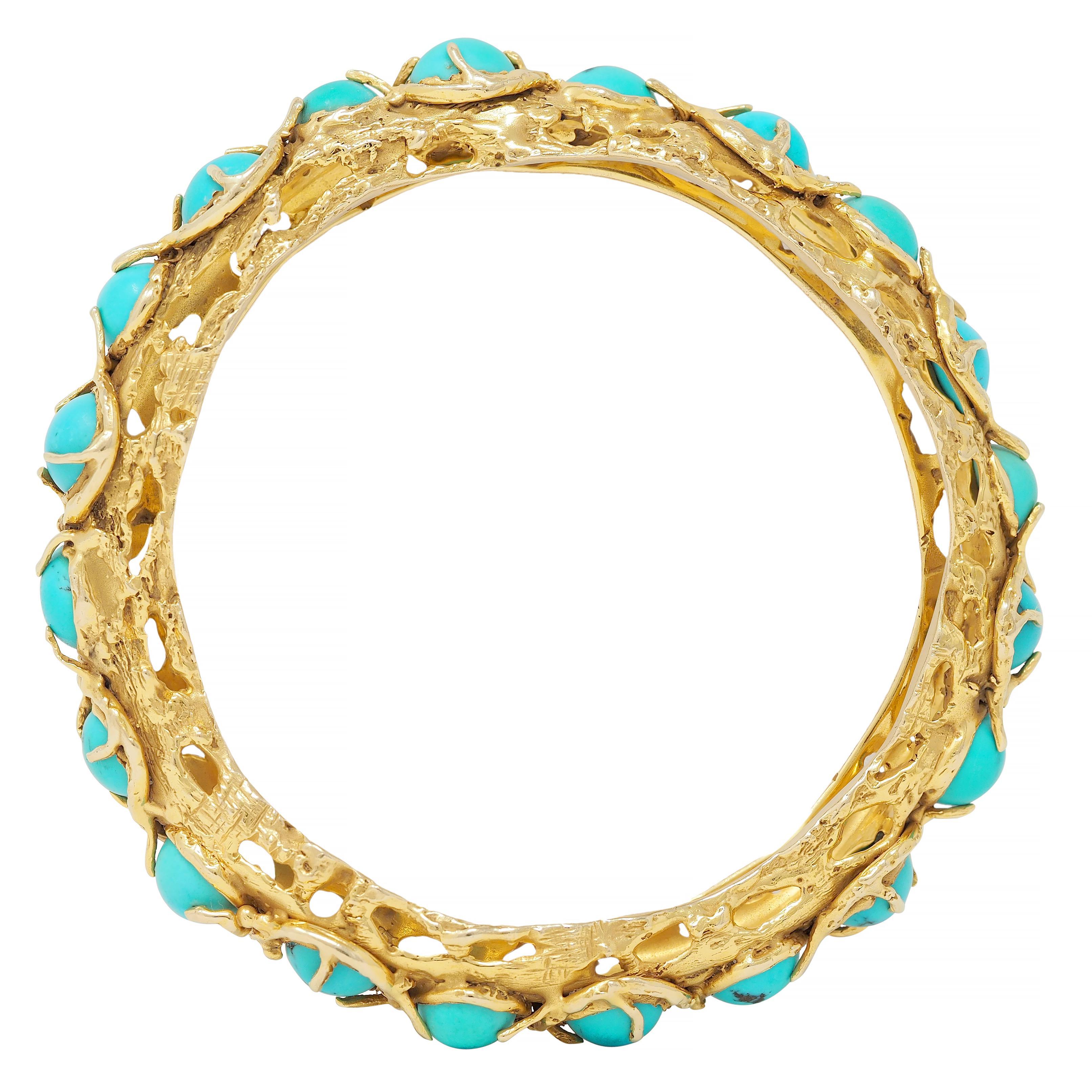 Arthur King Brutalist Turquoise Cabochon 18K Gold Vintage Bangle Bracelet 2