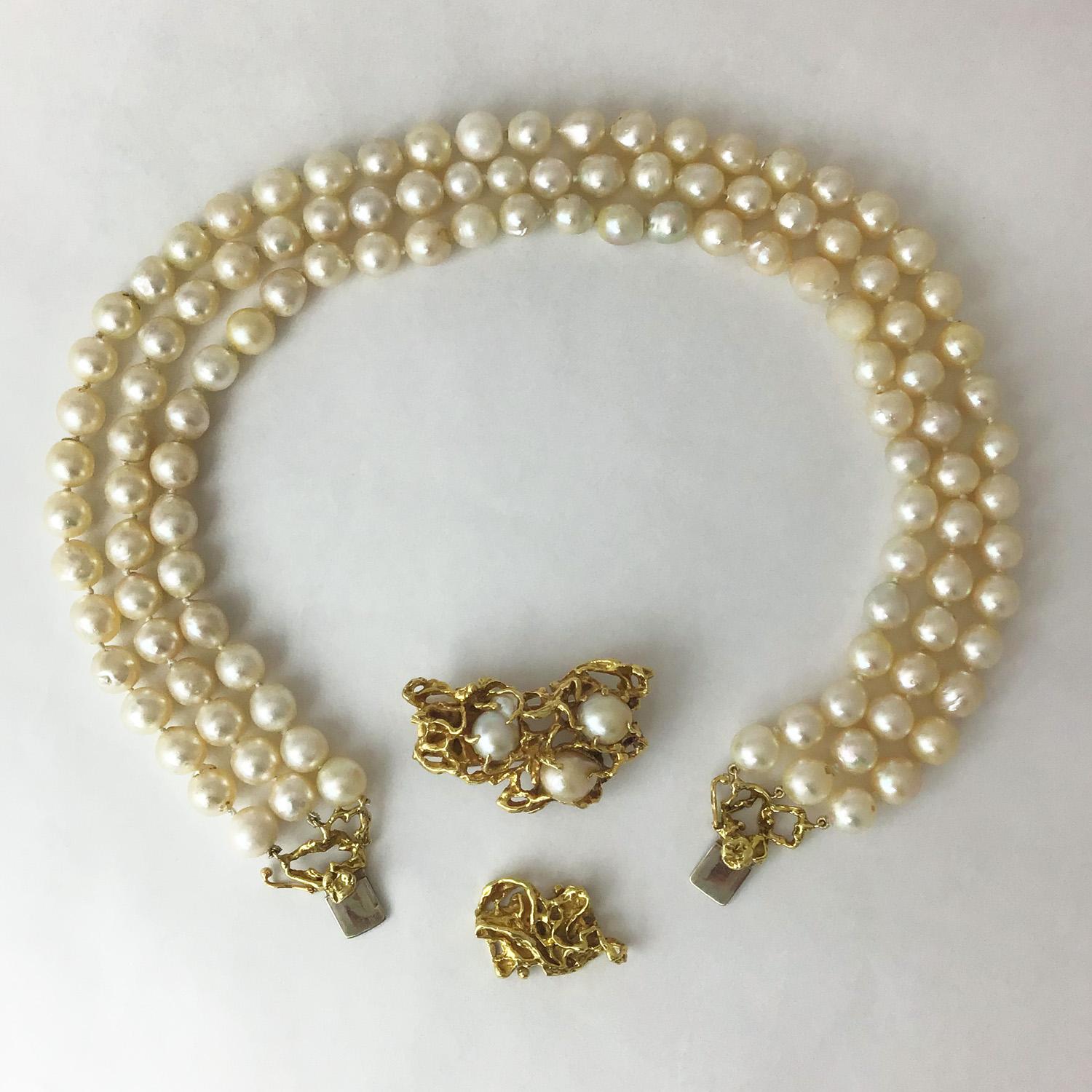 Arthur King Convertible Pearl Multi Strand Necklace Brooch Set 18 Karat Gold In Good Condition In Austin, TX