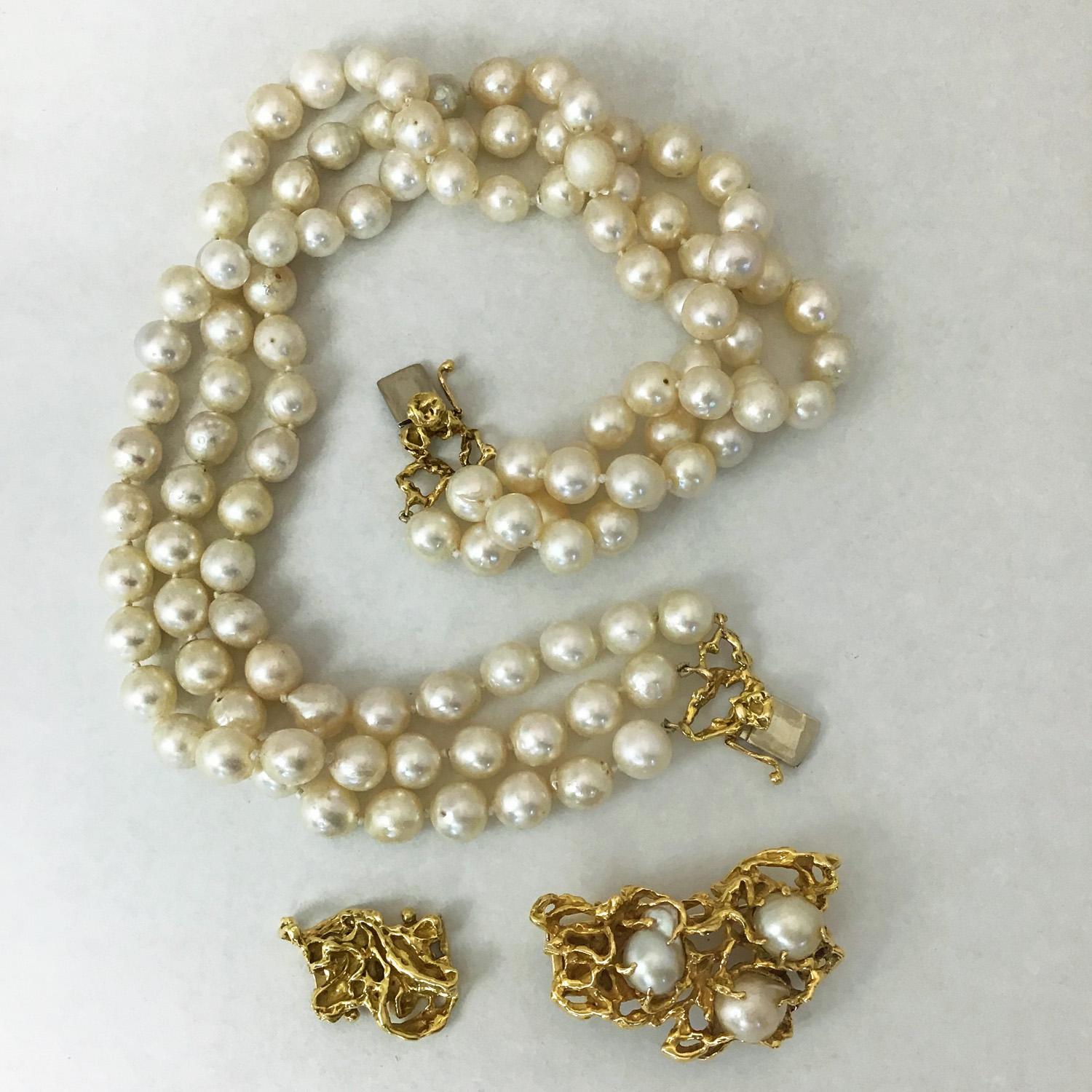 Women's or Men's Arthur King Convertible Pearl Multi Strand Necklace Brooch Set 18 Karat Gold