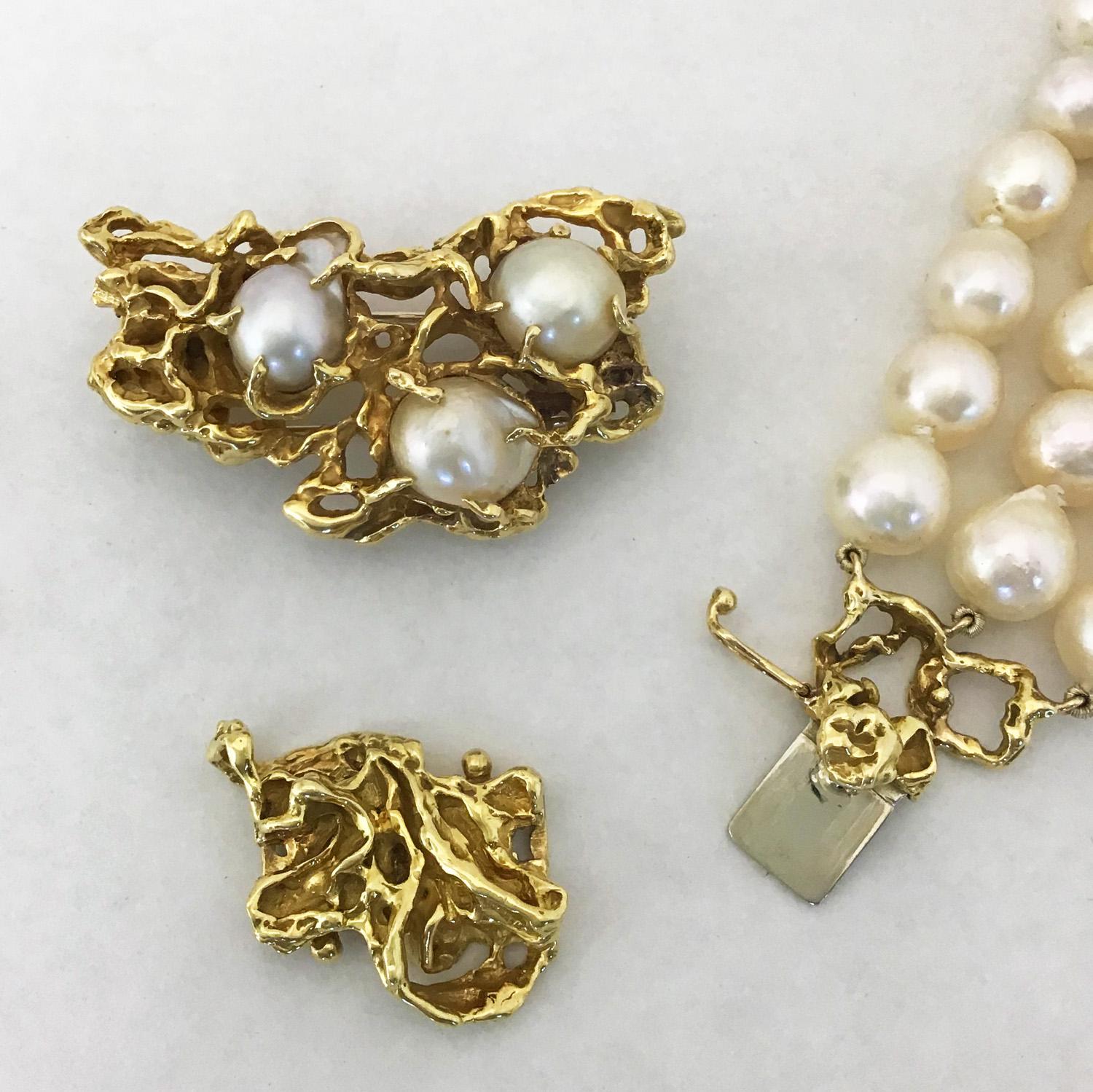 Arthur King Convertible Pearl Multi Strand Necklace Brooch Set 18 Karat Gold 3