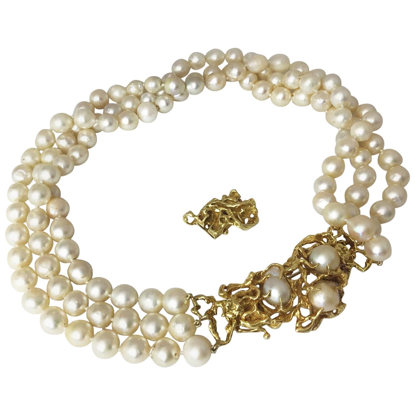 Arthur King Convertible Pearl Multi Strand Necklace Brooch Set 18 Karat Gold