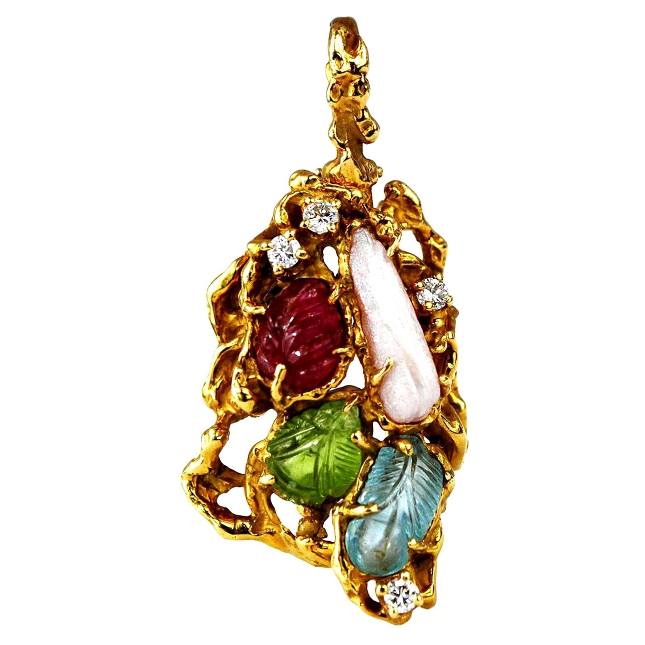 Arthur King Convertible Pendant Brooch Ruby Aquamarine 18 Karat Gold Feeform