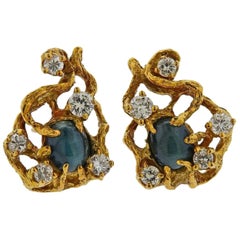 Arthur King Diamond Cat's Eye Chrysoberyl Gold Earrings