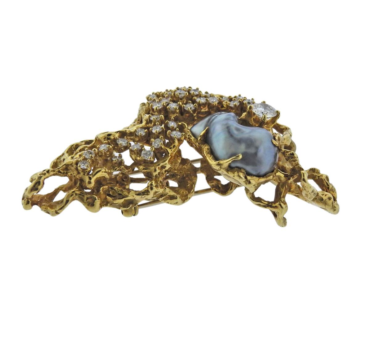 Large 18k yellow gold free form brooch, crafted by Arthur King, set with pearls and approx. 1.50ctw in G/VS diamonds. Brooch is 56mm x 42mm, weight is 44.5 grams.