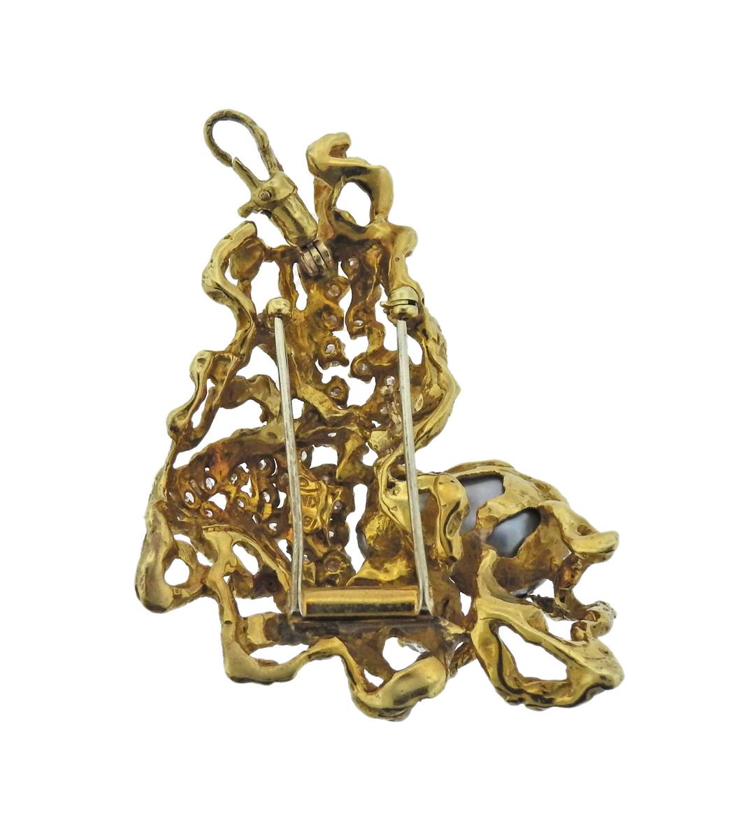 Women's or Men's Arthur King Diamond Pearl Gold Free-Form Brooch