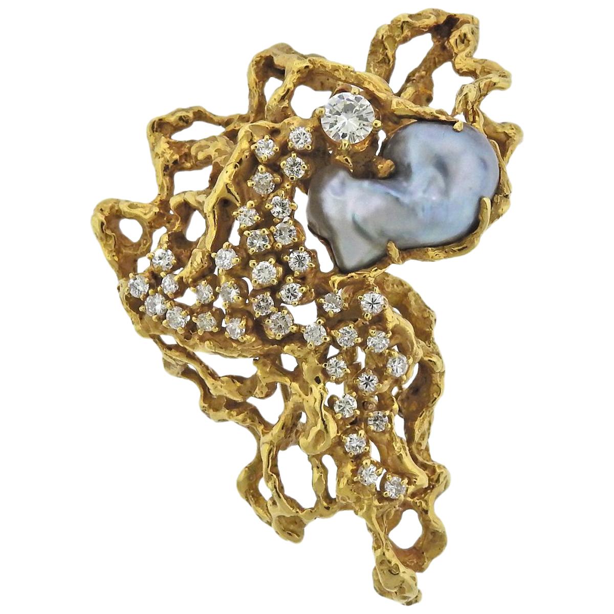Arthur King Diamond Pearl Gold Free-Form Brooch