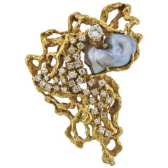Arthur King Diamond Pearl Gold Free-Form Brooch