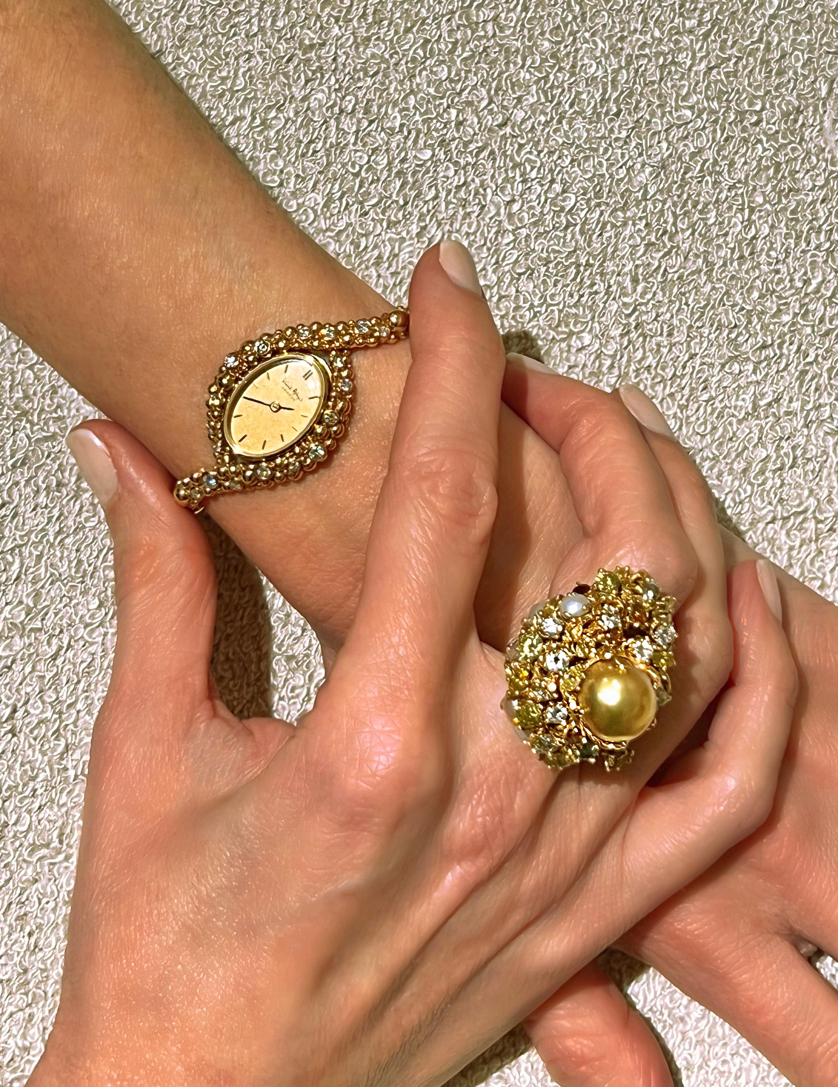 Arthur King designed and handmade this diamond and pearl convertible ring in his signature organic style, circa 1970. King is a significant figure in mid-20th-century modernist jewelry design. The ring, designed to resemble natural flora, has an