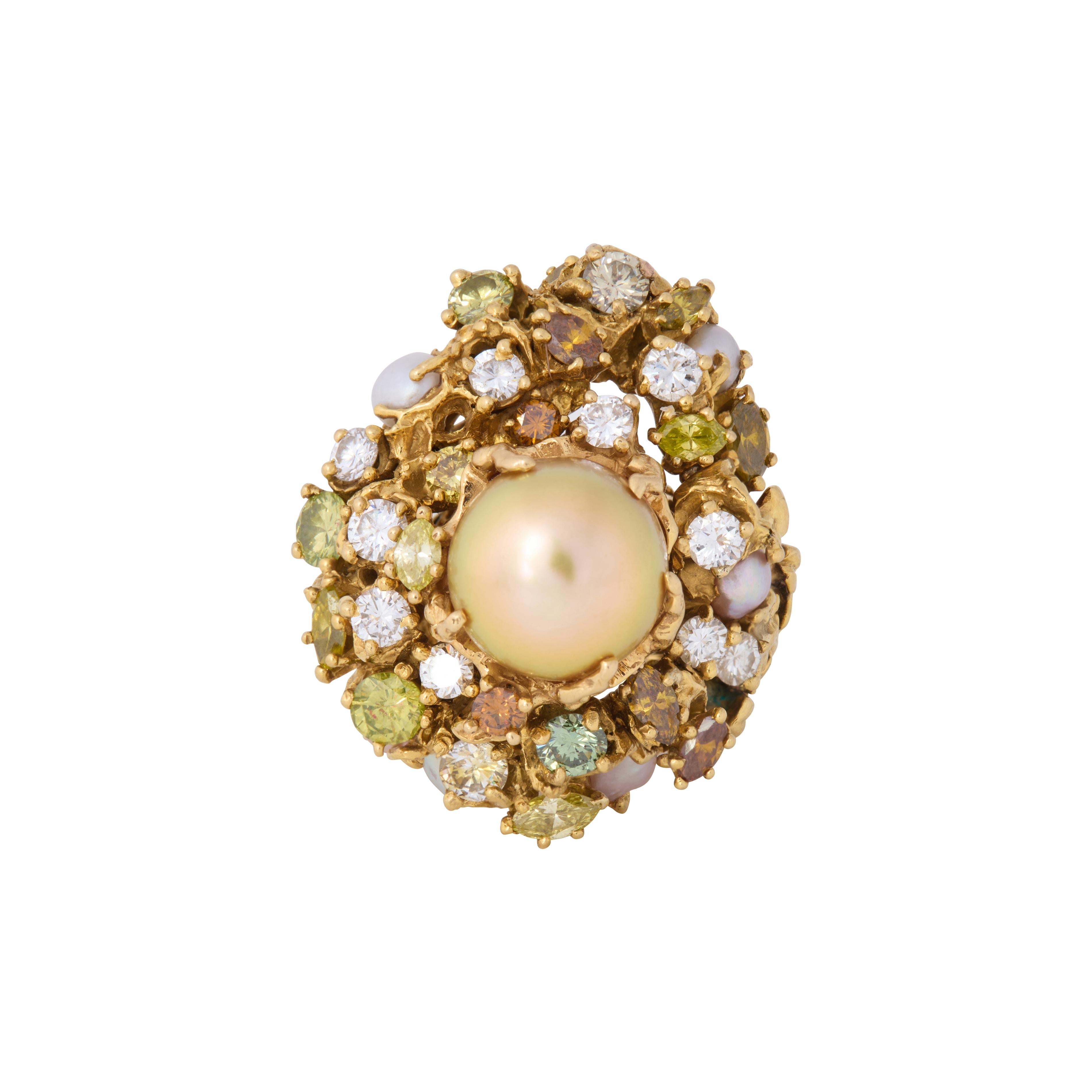 Round Cut Arthur King Diamond, South Sea Pearl, and 18K Gold Convertible Ring For Sale