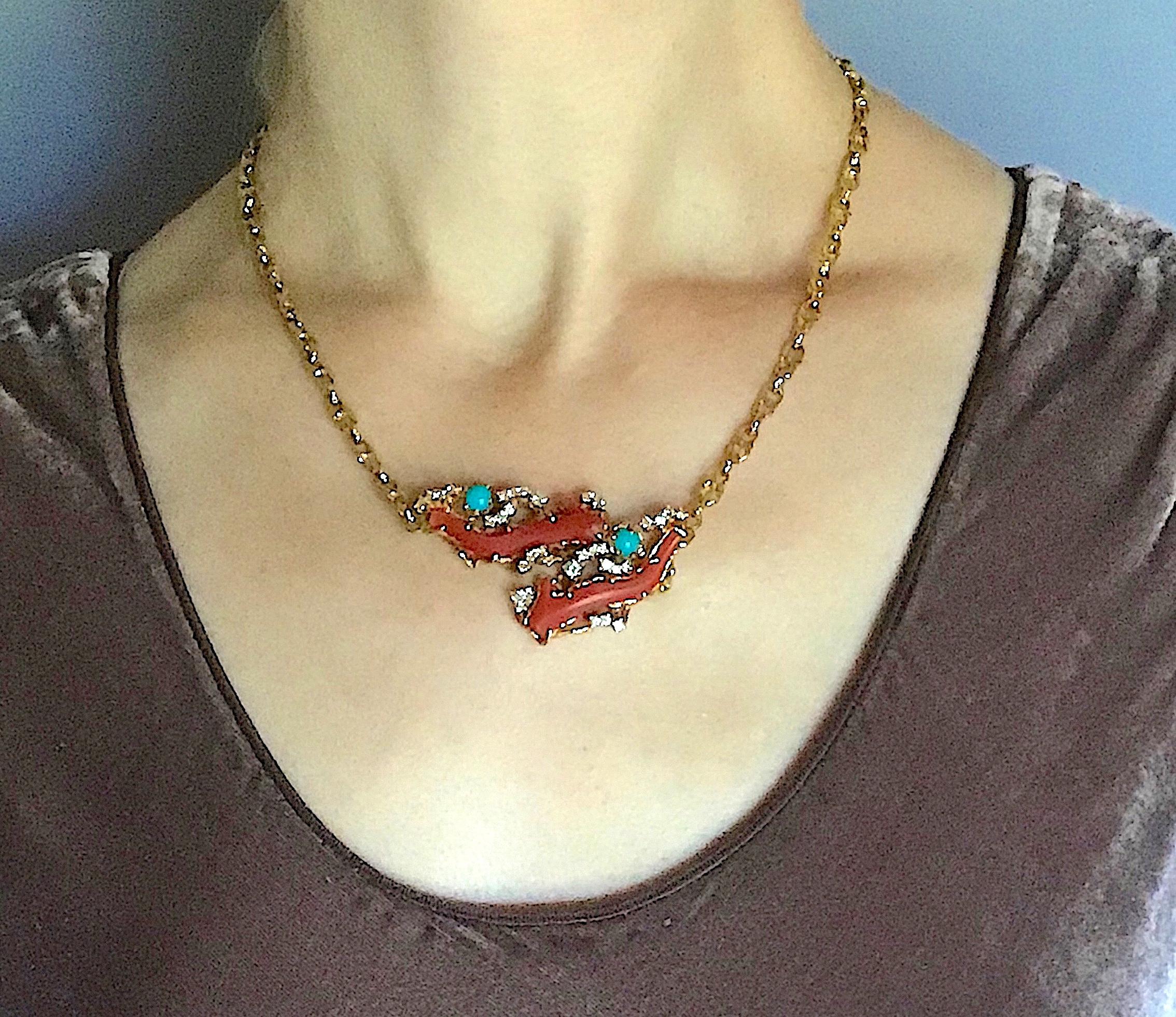 Arthur King Jewelry 18 Karat Yellow Gold Coral Diamond Necklace, circa 1970 For Sale 5