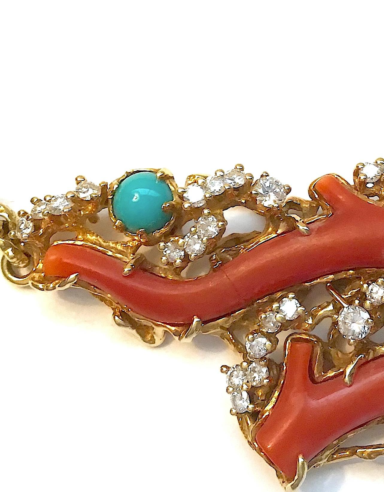 Grezzo Collana di corallo e diamanti in oro giallo Arthur King Jewelry, circa 1970 in vendita