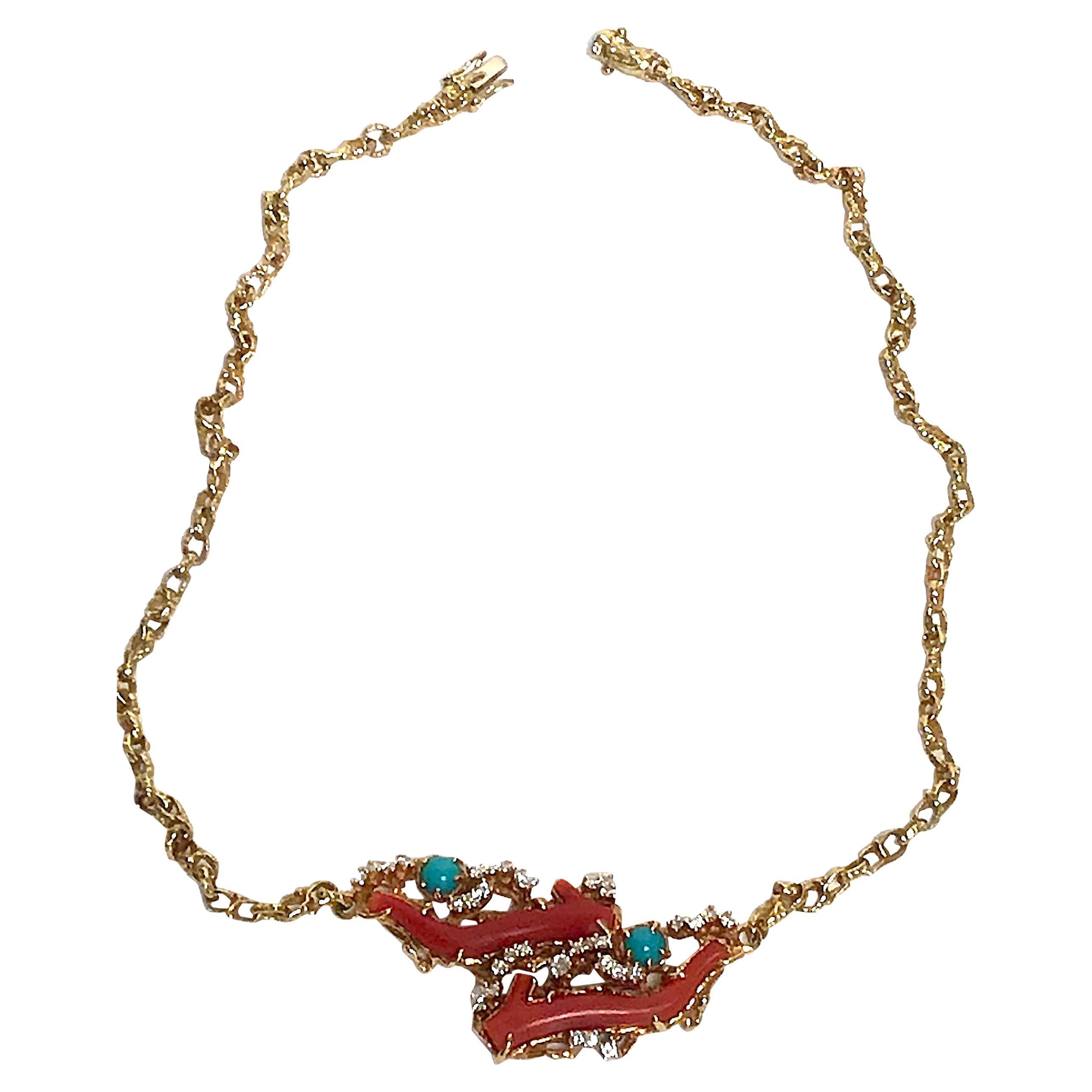 Arthur King Schmuck 18 Karat Gelbgold Koralle Diamant Halskette, um 1970