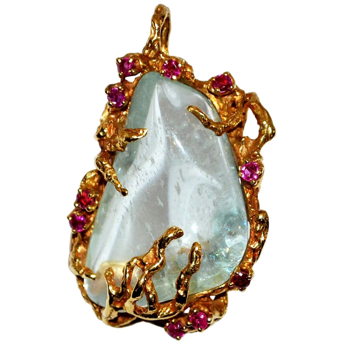Arthur King Jewelry Pendentif vintage en or 18 carats avec quartz et rubis, c. 1960