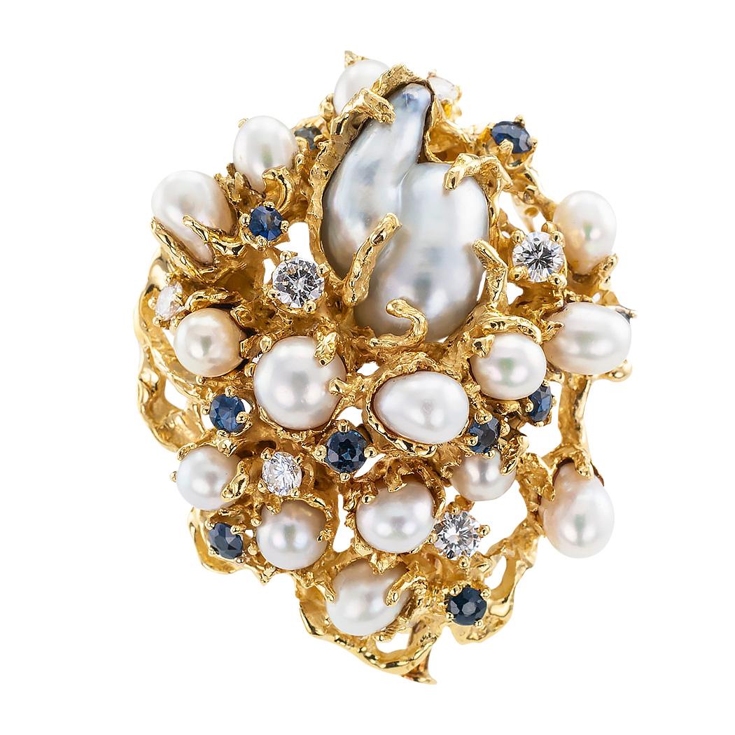 Round Cut Arthur King Modernist Brooch Pendant Diamond Sapphire Pearl Yellow Gold