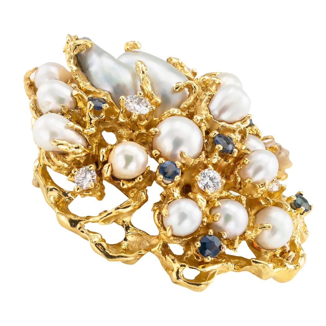 Women's Arthur King Modernist Brooch Pendant Diamond Sapphire Pearl Yellow Gold