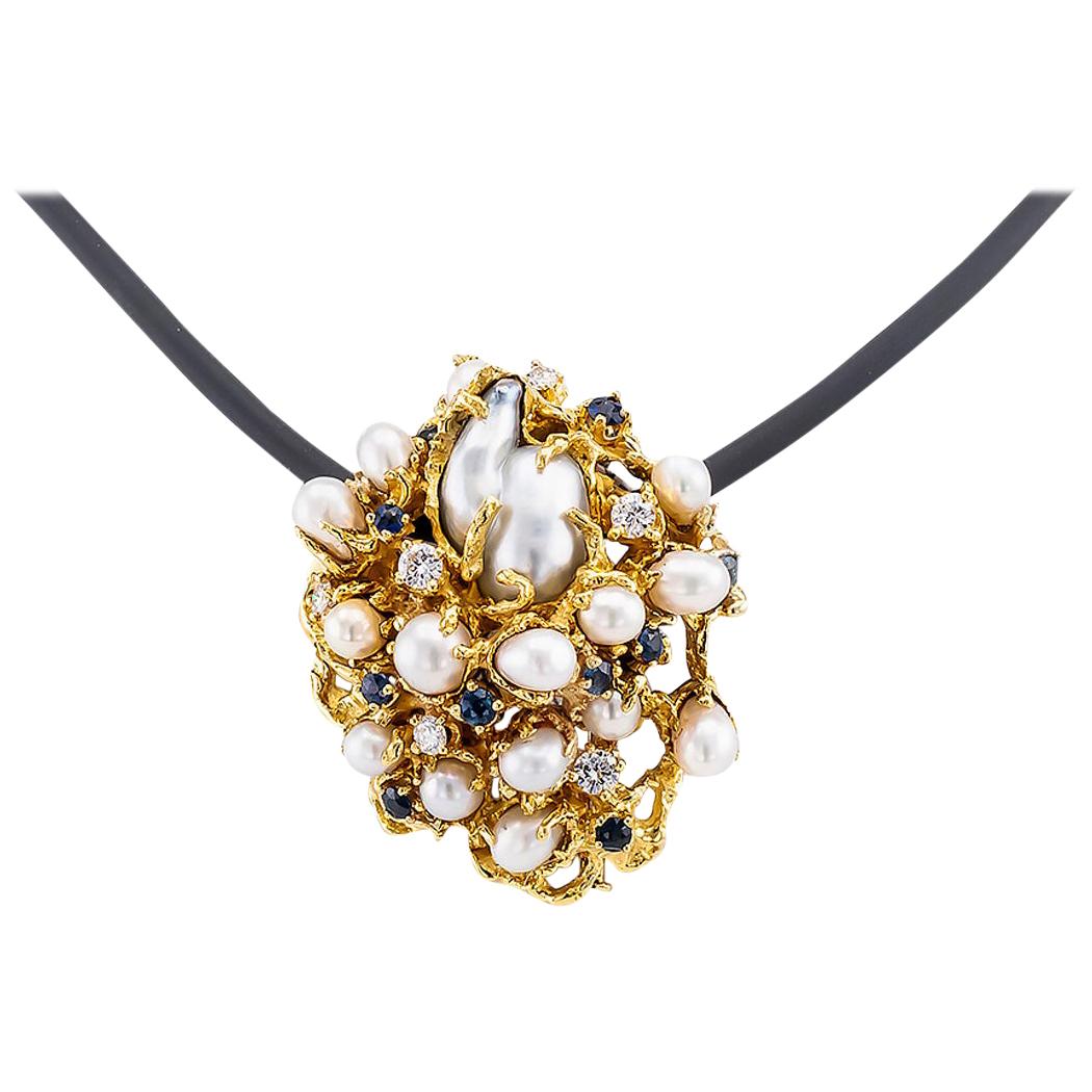 Arthur King Modernist Brooch Pendant Diamond Sapphire Pearl Yellow Gold