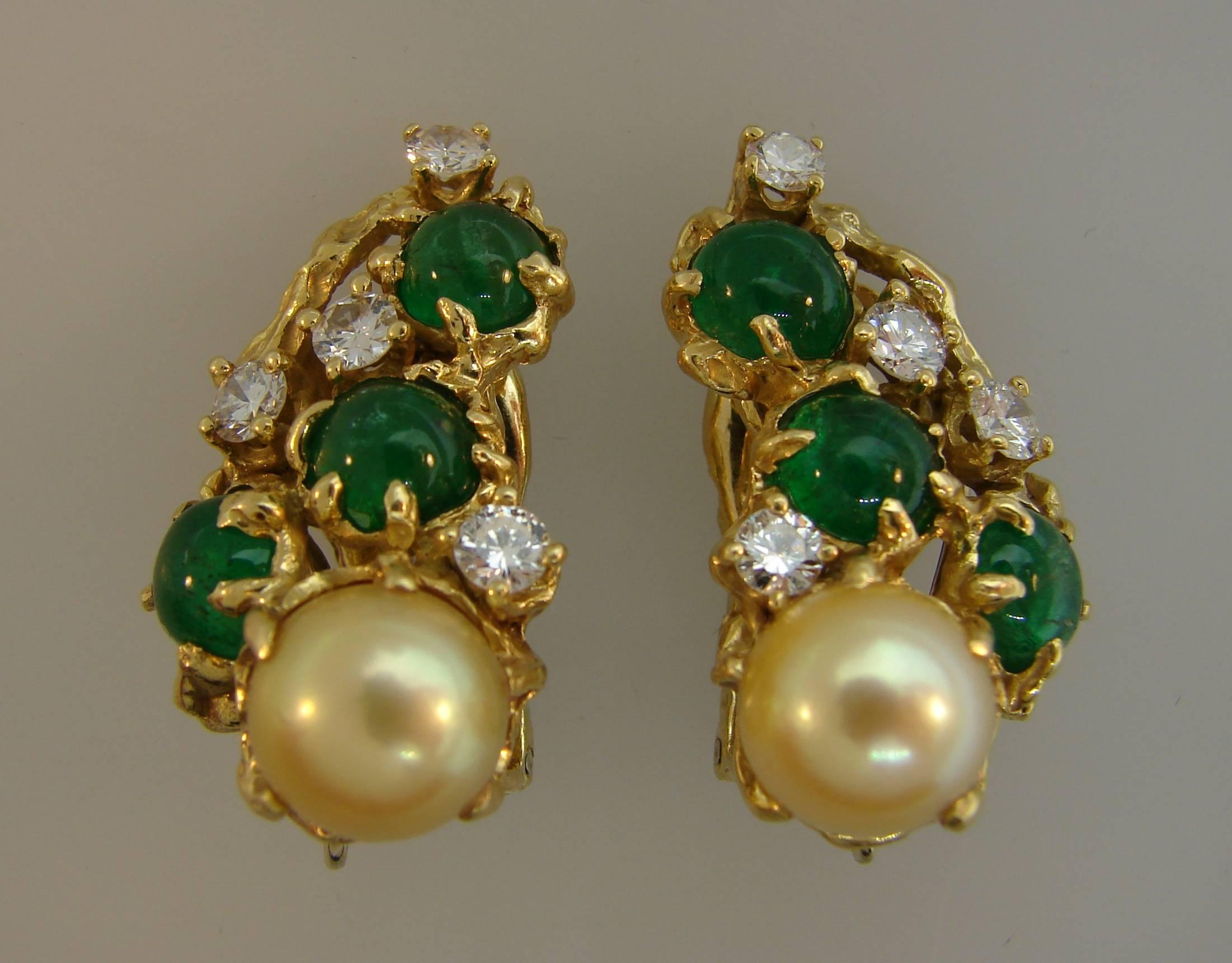 ARTHUR KING Pearl Diamond Emerald Yellow Gold Earrings In Good Condition In Beverly Hills, CA