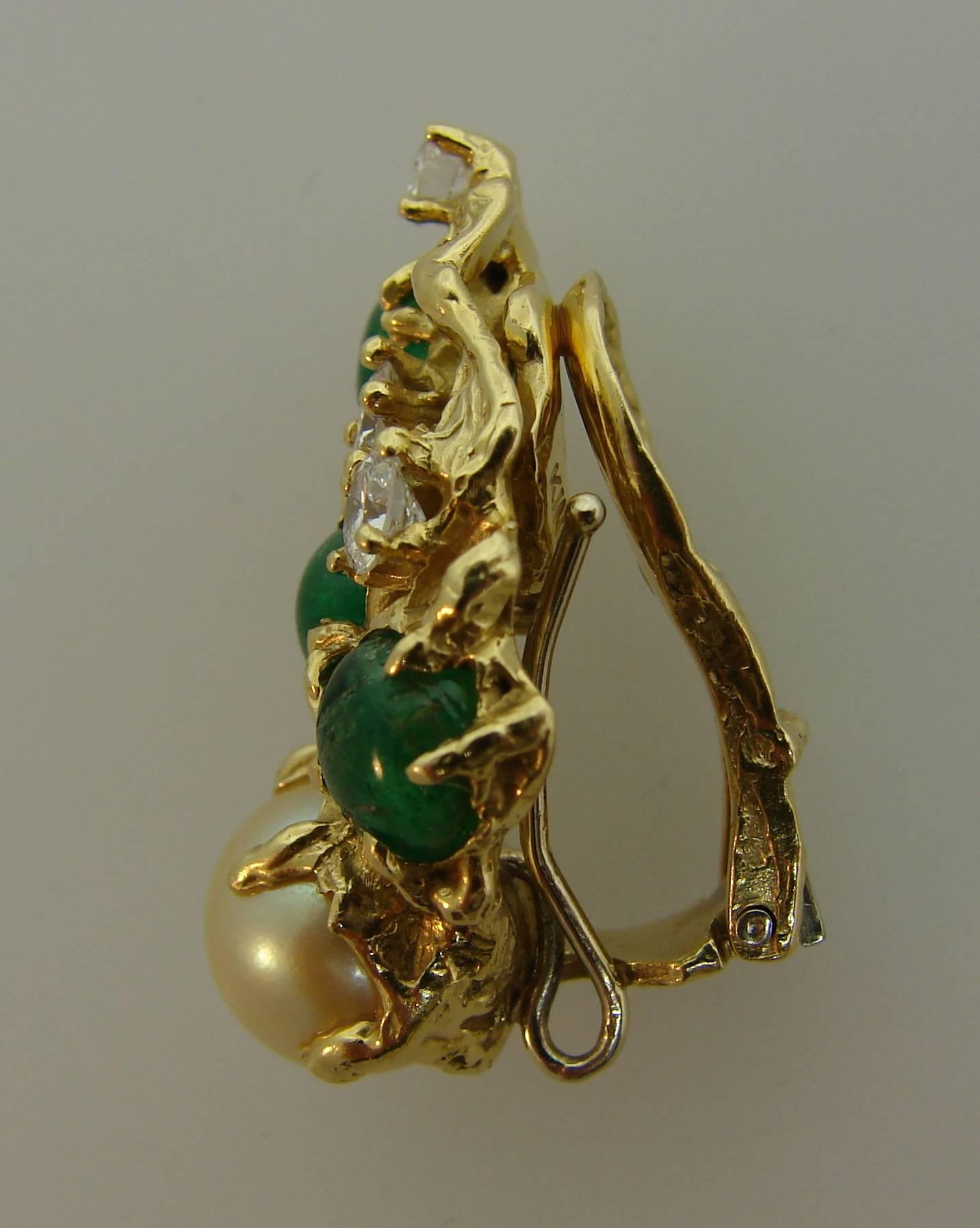 Women's ARTHUR KING Pearl Diamond Emerald Yellow Gold Earrings