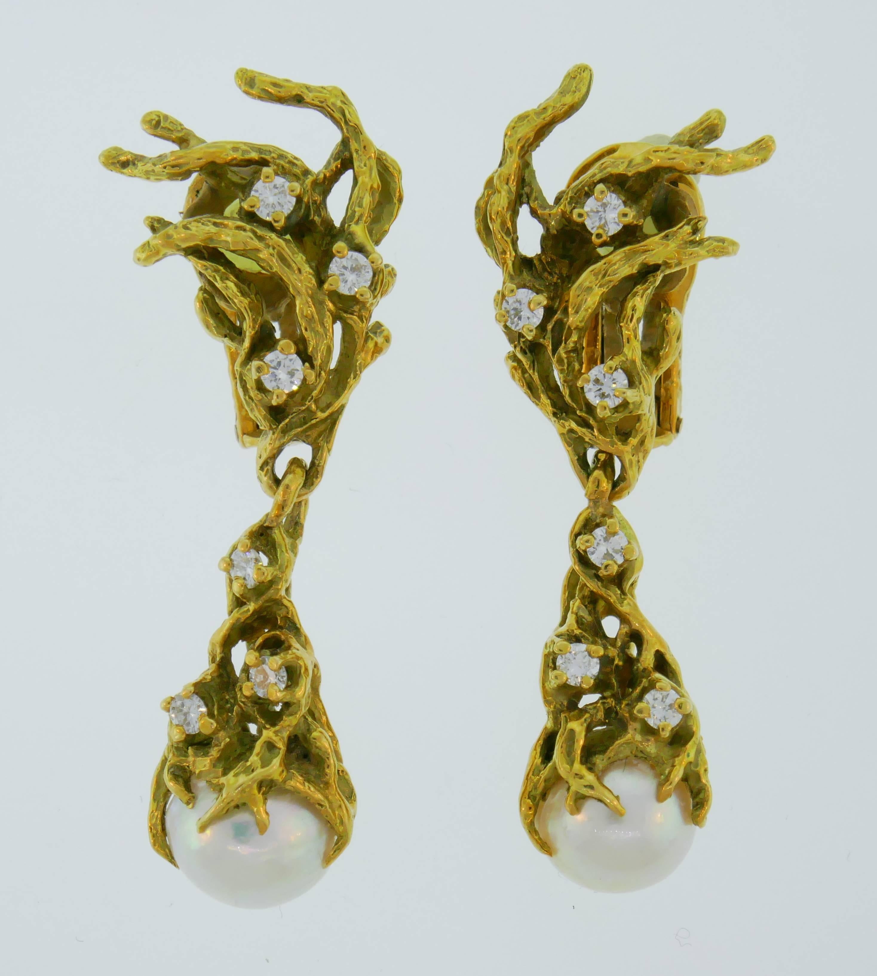 Arthur King Pearl Diamond Yellow Gold Earrings 1