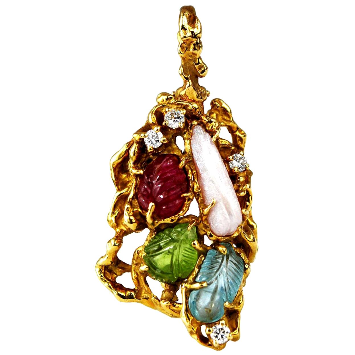 Arthur King Jewelry Pendant Ruby Quartz 18 Karat Gold Freeform Abstract