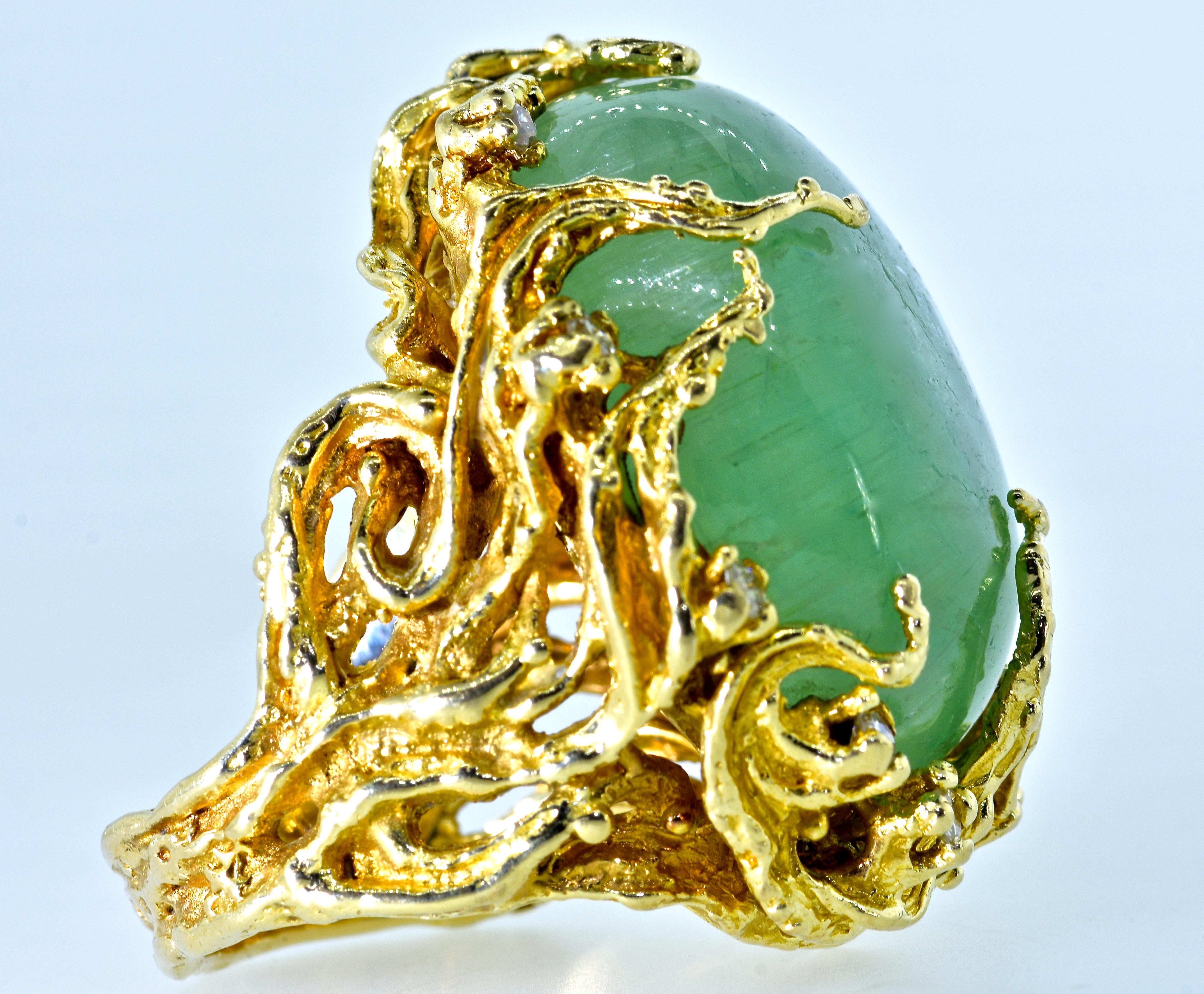 Cabochon Arthur King Style Highly Textured and Sculptural Beryl and Diamond Ring, 1960
