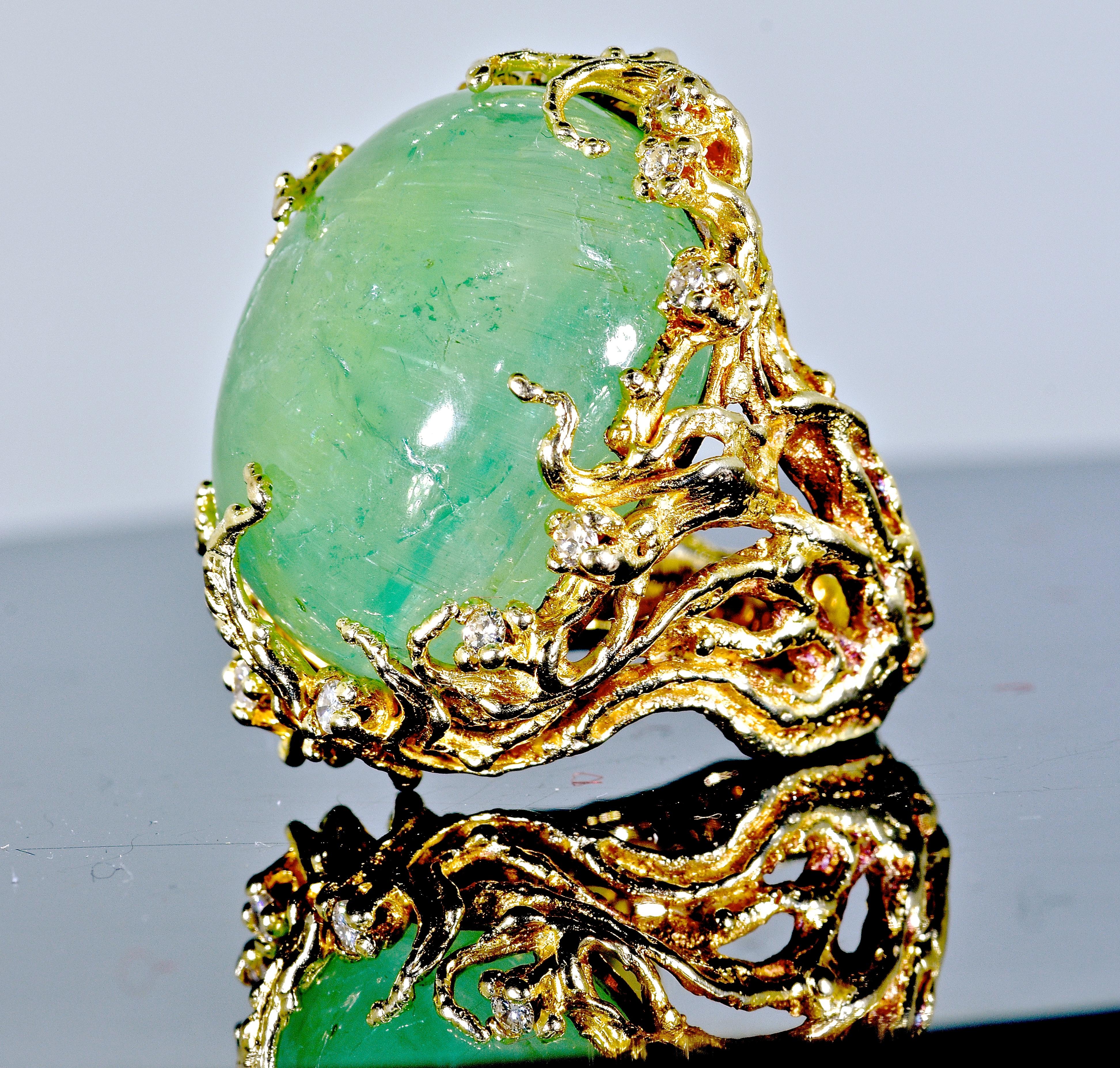 Arthur King Style Highly Textured and Sculptural Beryl and Diamond Ring, 1960 In Excellent Condition In Aspen, CO