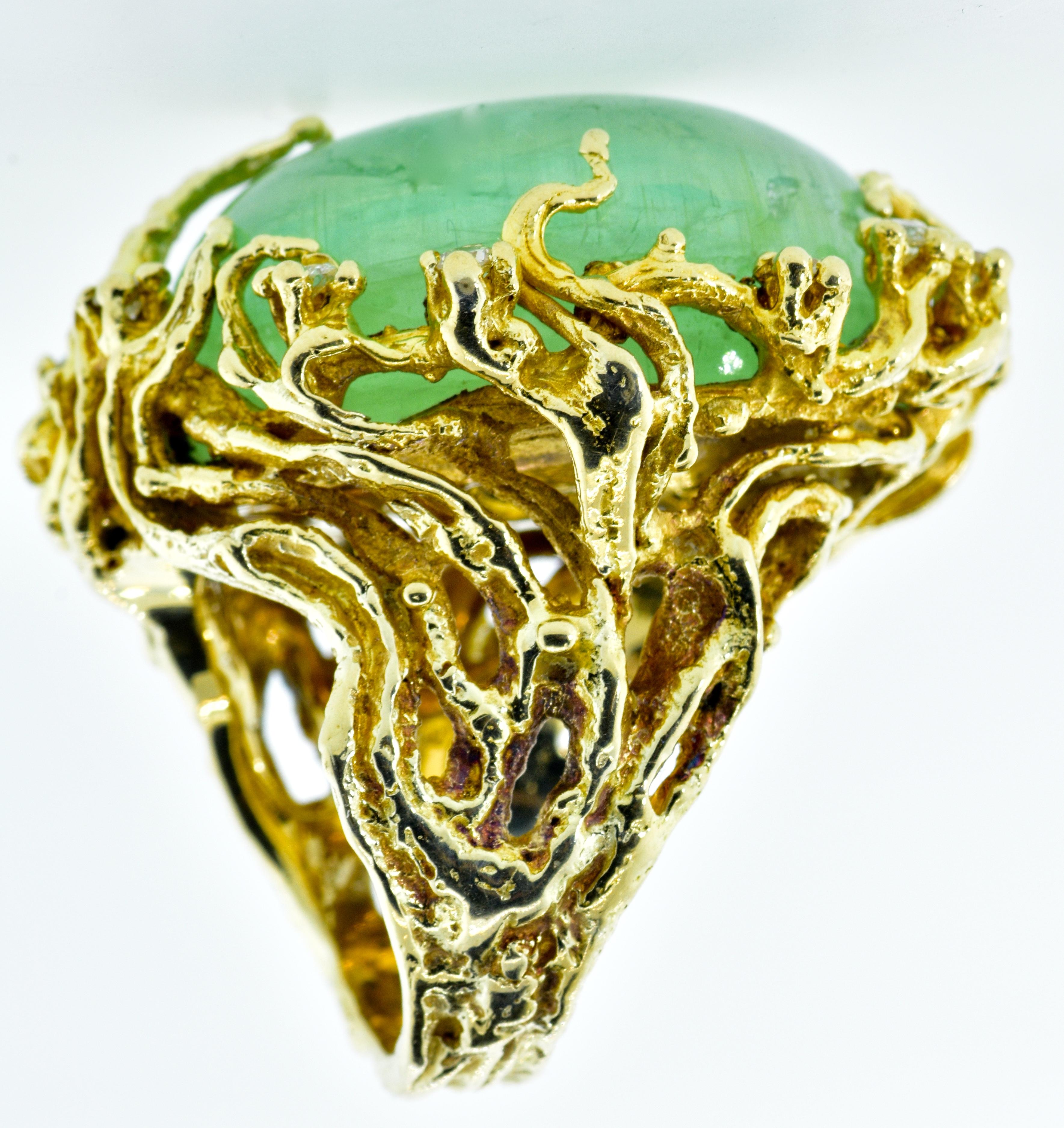 Women's or Men's Arthur King Style Highly Textured and Sculptural Beryl and Diamond Ring, 1960