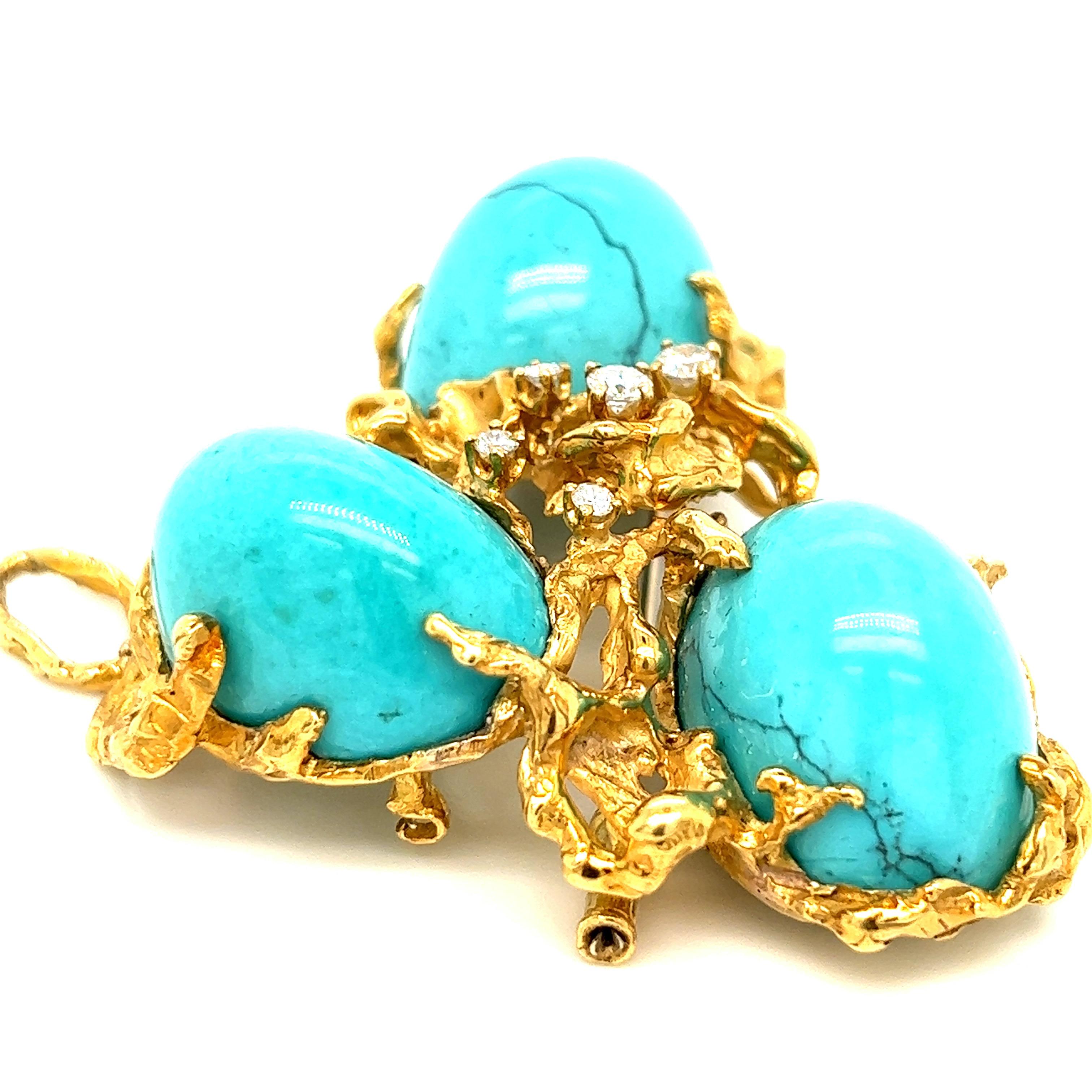 Cabochon Arthur King Turquoise Gold Pendant Brooch For Sale