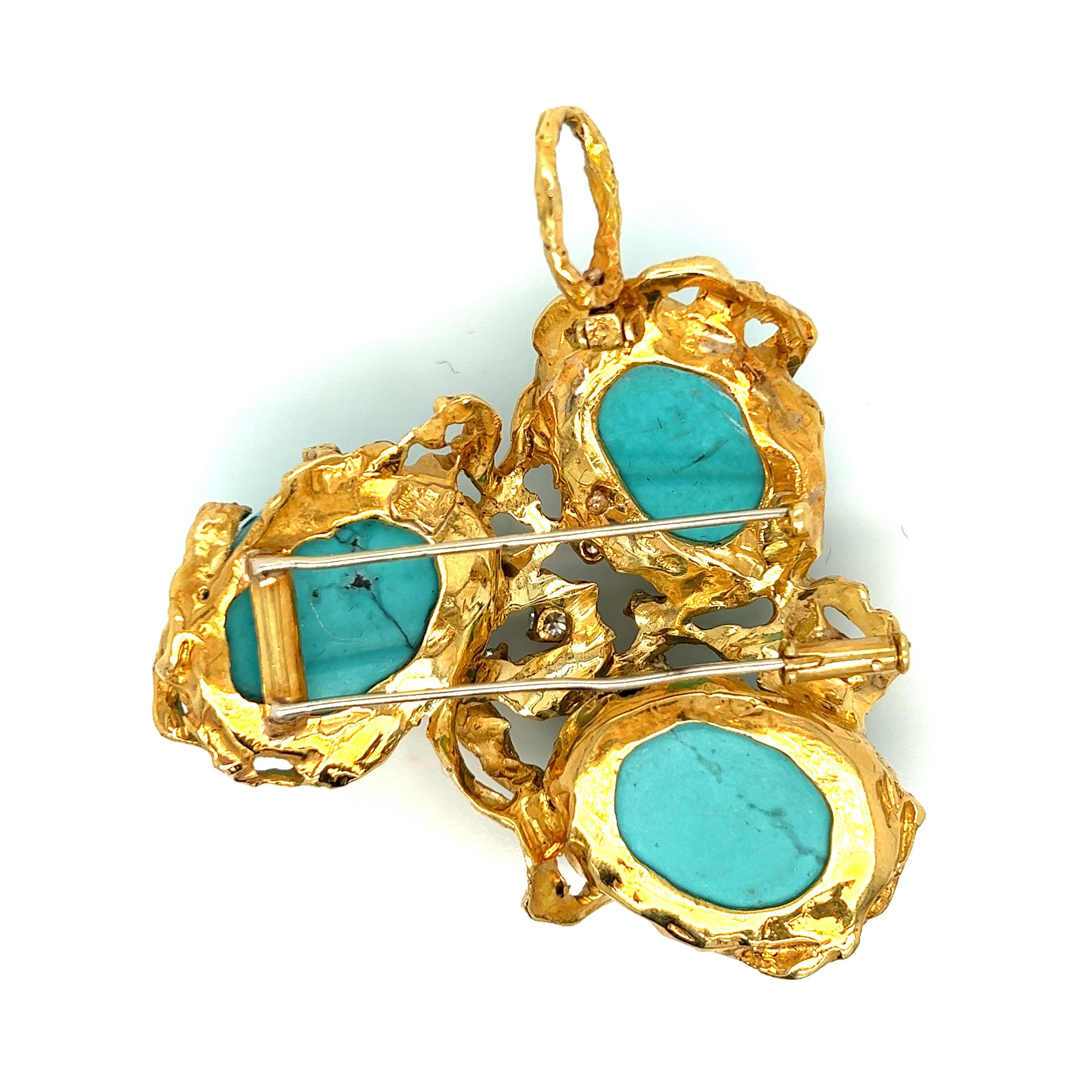 Arthur King Turquoise Gold Pendant Brooch In Excellent Condition For Sale In New York, NY