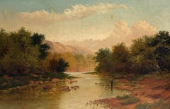 Fine Large Antique British Painting Highland River Landscape Fly Fishing