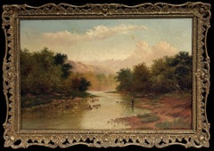 Fine Large Antique British Painting Highland River Landscape Fly Fishing