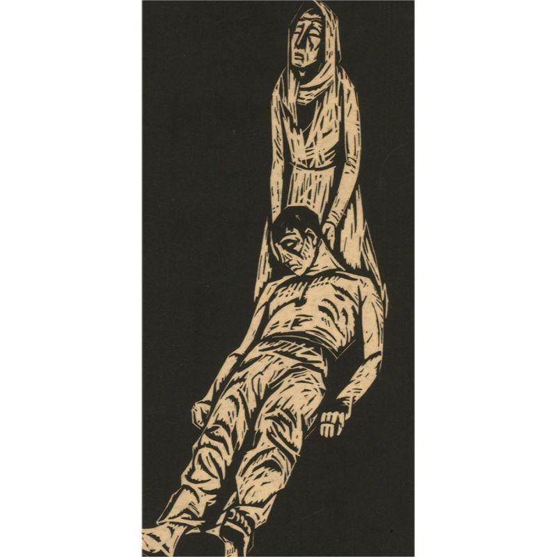 A heavy hitting and graphic woodcut by the Galician-Jewish illustrator and painter, Arthur Kolnik. The woodcut shows a poor woman, looking despairingly up at the sky as she cradles the head of a man lying dead before her. Contextualized by his