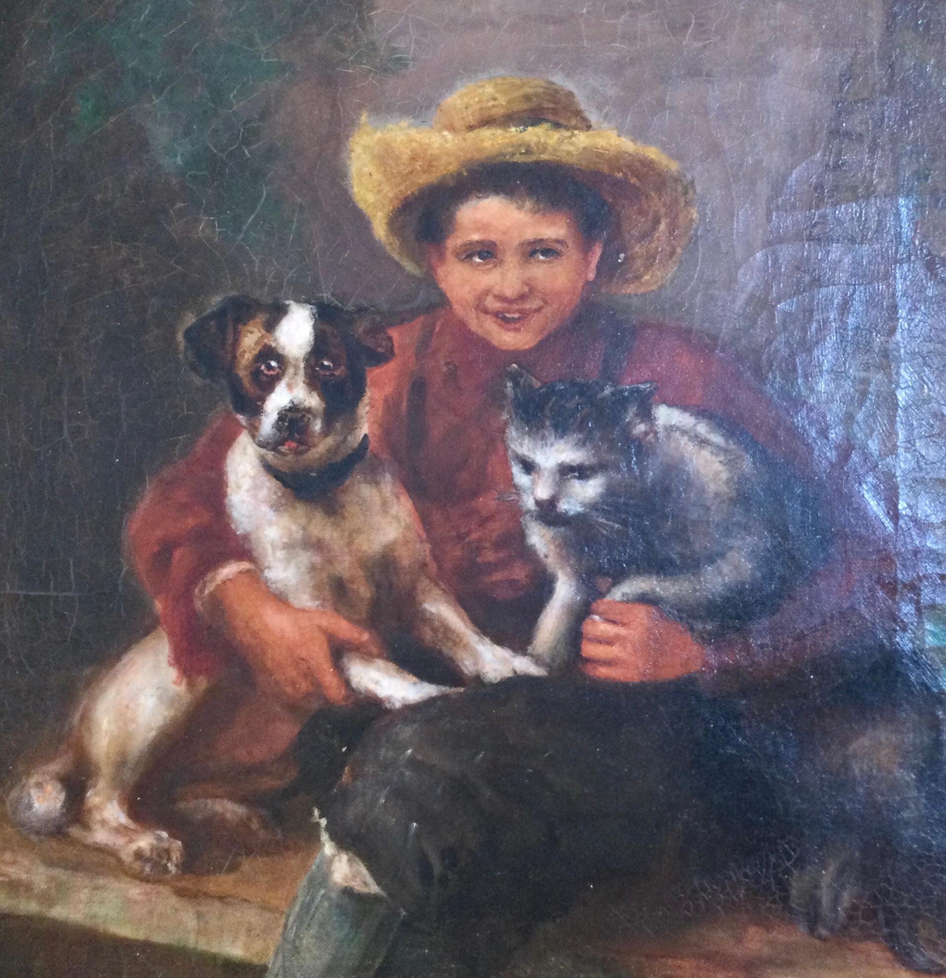 Oil painting by well listed artist Arthur Lumley. (1837 Dublin Ireland-Died 1912 in the USA) Boy with straw hat embracing his cat and dog. The painting is called Chums noted on the brass tag. Elaborate heavy gold leaf gesso over wood frame. Signed