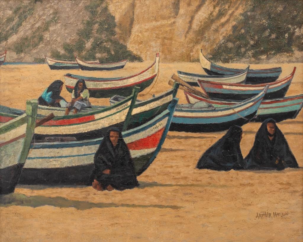 Arthur Maclean (American, XX) oil on canvas depicting a beach scene with fishing boats, signed to lower right, housed in a wood frame.

Dimensions: Image: 15.75