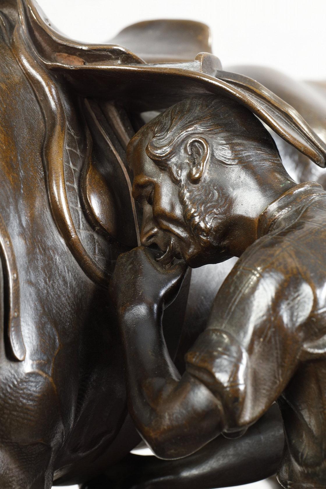 Jument de chasse attachée par un garçon
par Arthur Marie Gabriel comte du Passage (1838-1909)

Rare groupe en bronze à patine brun foncé nuancée
Signé sur la base 