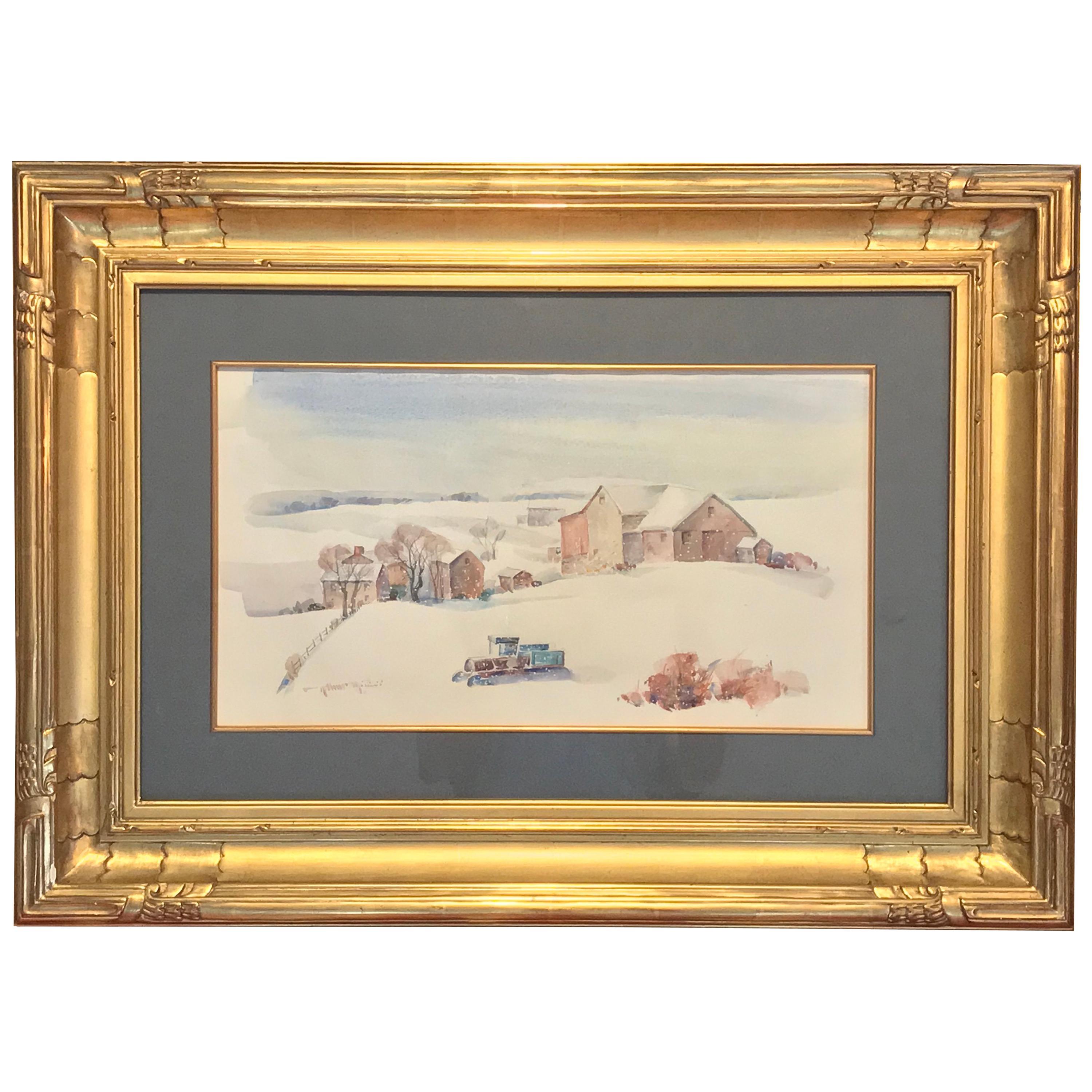 Arthur Meltzer (1893 - 1989) "Paesaggio della fattoria d'inverno" 

Dimensioni dell'immagine: 12 x 21 pollici 
Incorniciato: 32,5 x 23,5 pollici 

acquerello su carta con case coloniche, fienili e un trattore nella neve invernale. Mid Century