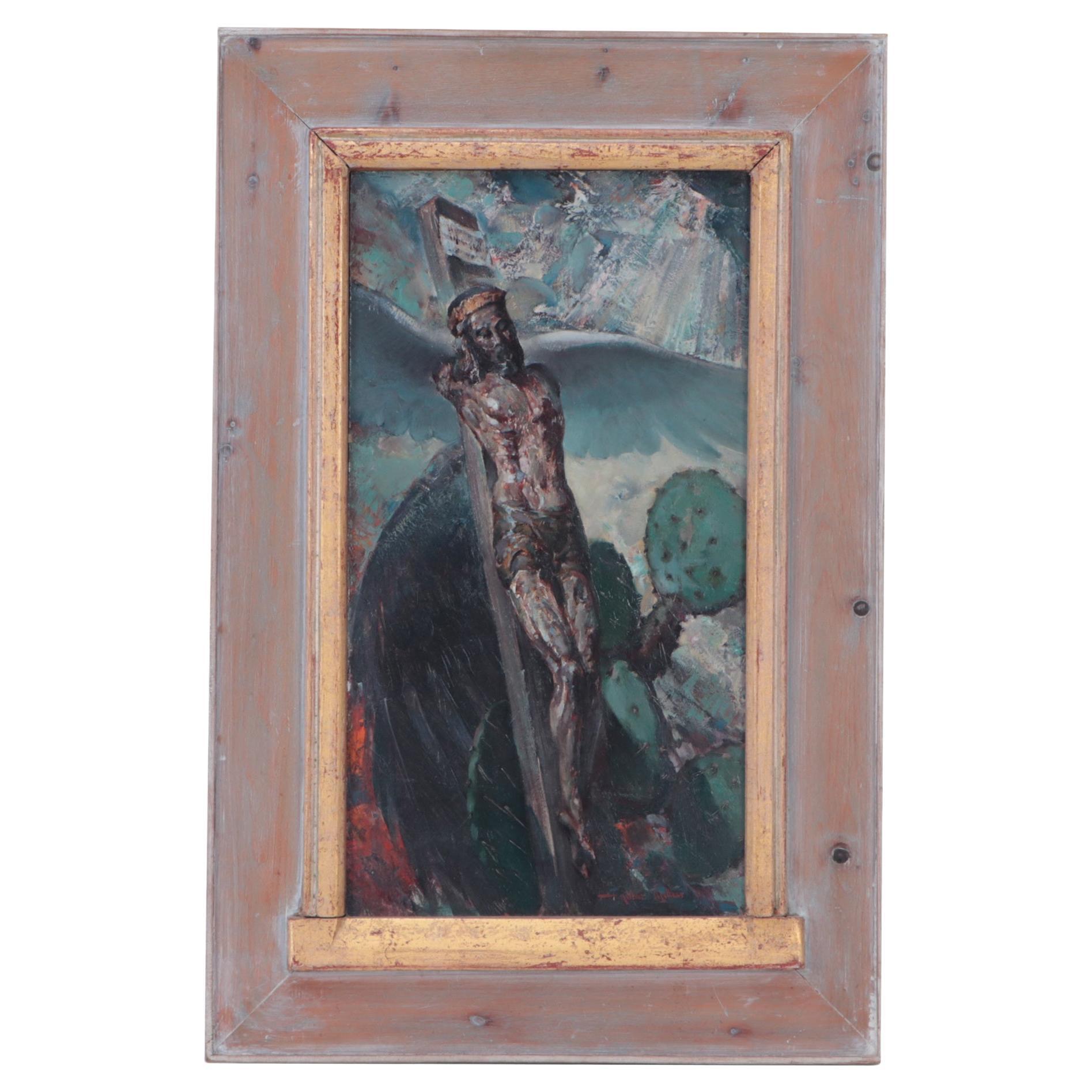 Arthur Meltzer, "Antique Crucifix" Oil Painting on Masonite For Sale