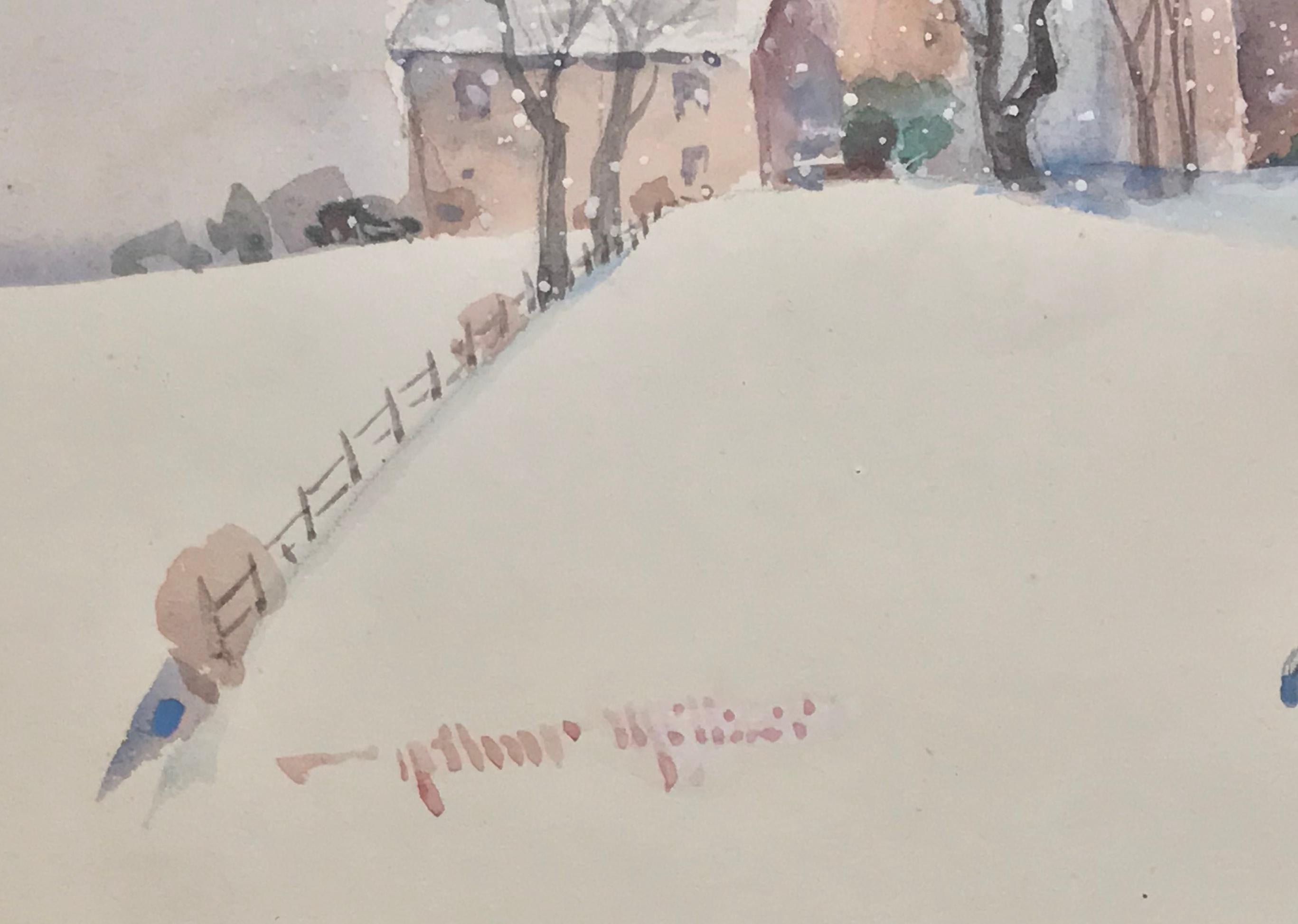 Mid-Century Modern Arthur Meltzer “Winter Farm Landscape” Watercolor For Sale