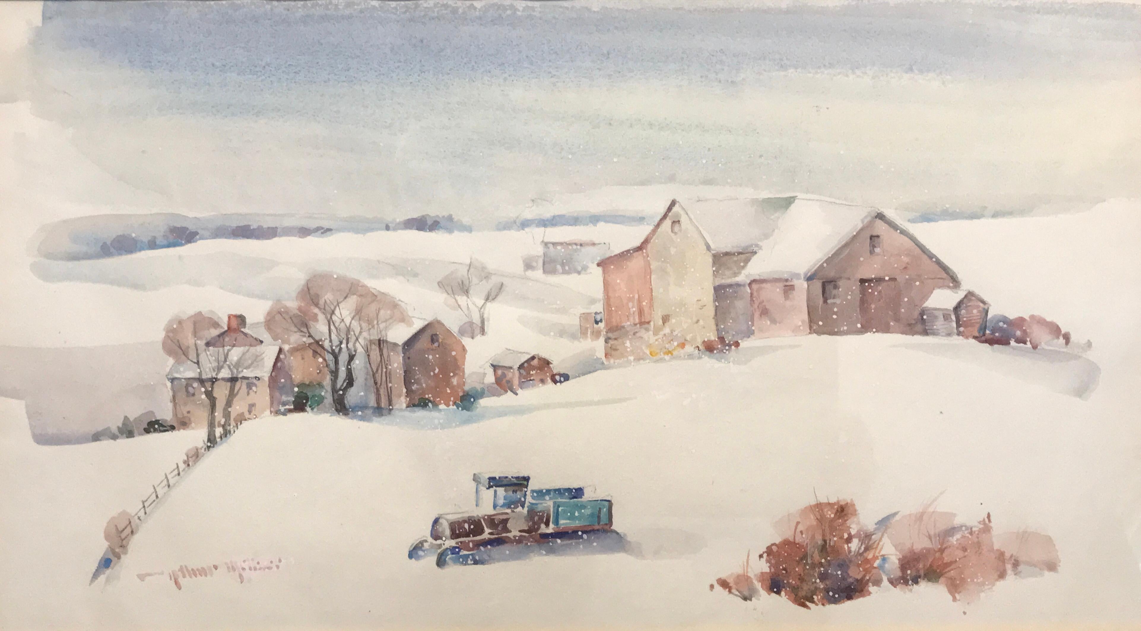 American Arthur Meltzer “Winter Farm Landscape” Watercolor For Sale