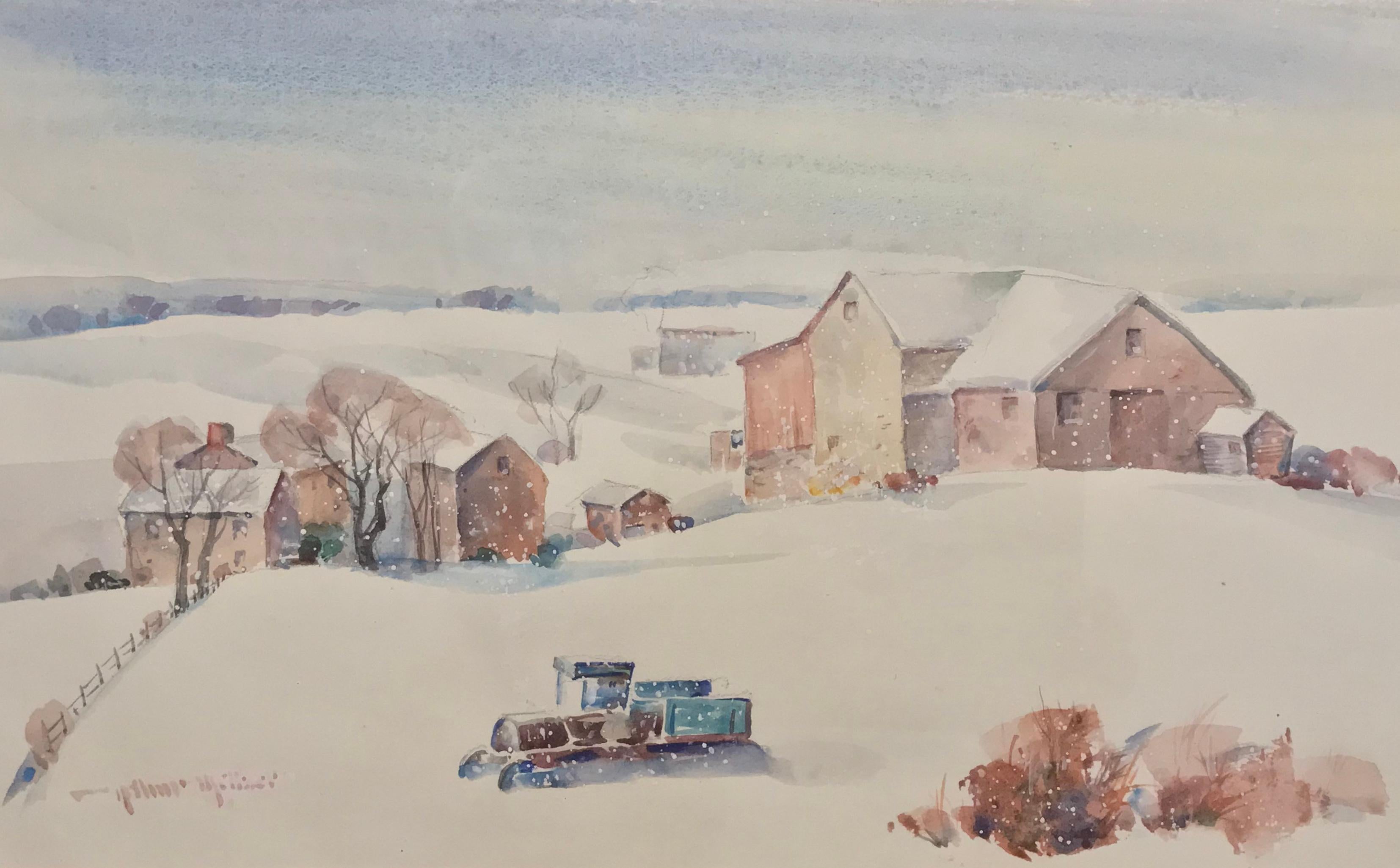 Hand-Painted Arthur Meltzer “Winter Farm Landscape” Watercolor For Sale