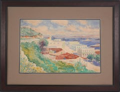 1920 Watercolor of Honolulu Harbor from Hillside Hawai'i by Arthur Merton Hazard