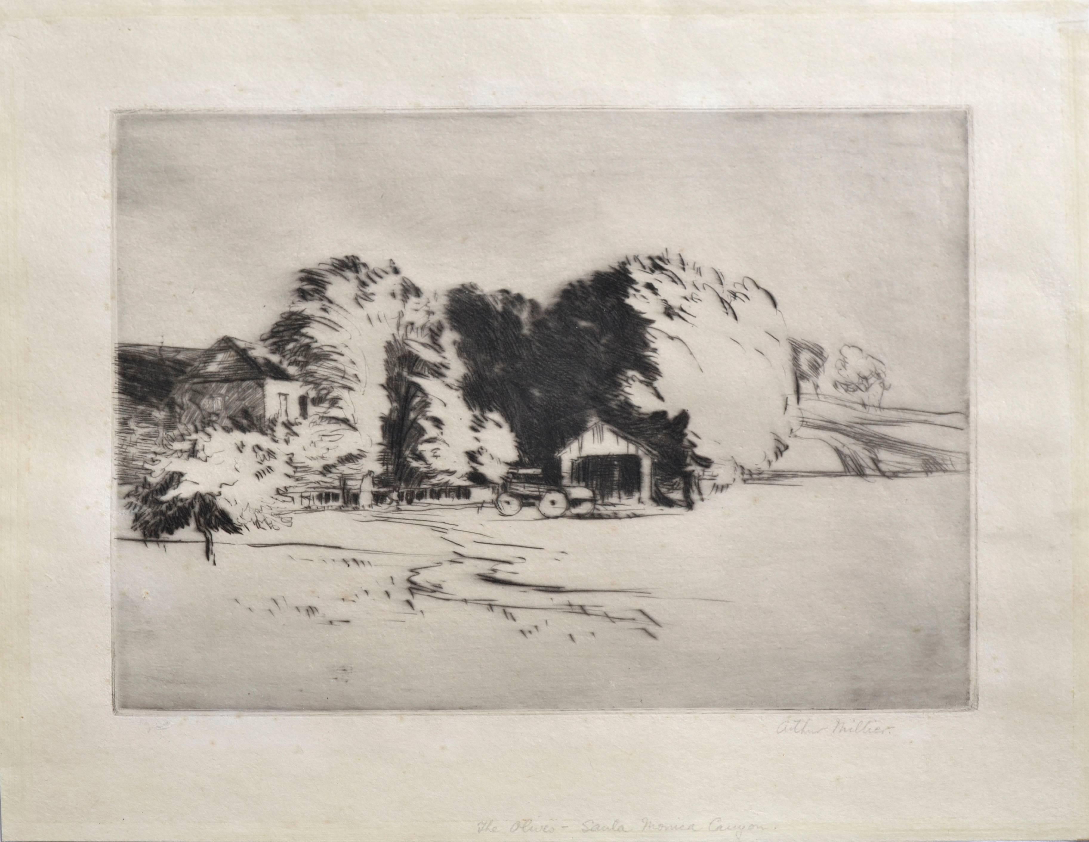 « The Olives, Santa Monica Canyon » - Cadeau de l'artiste à Mary Pickford - Impressionnisme américain Print par Arthur Millier