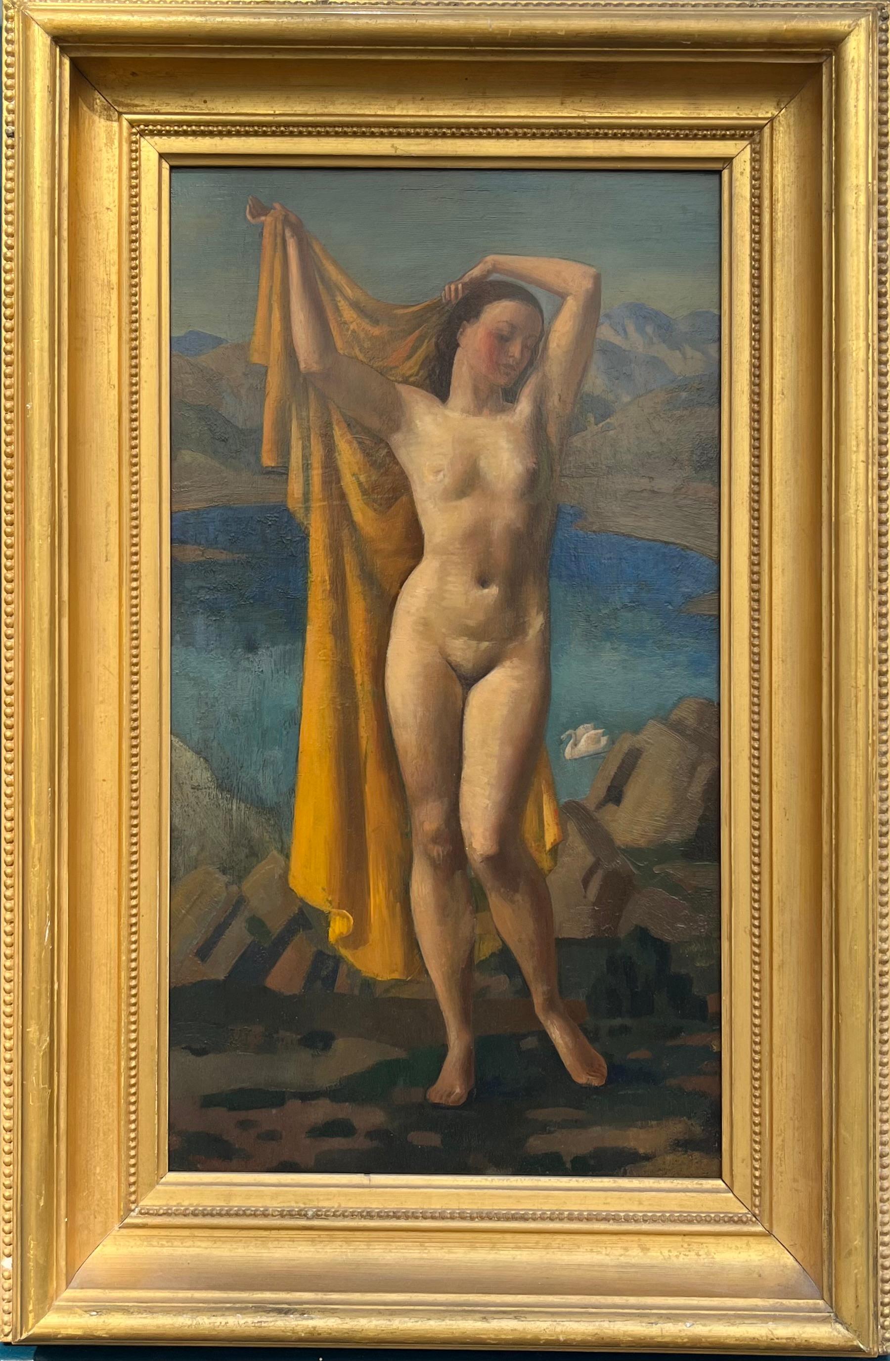 Leda und der Schwan, signiertes Ölgemälde, Art déco, 20. Jahrhundert – Painting von Arthur Moddy