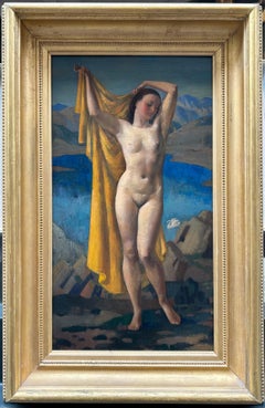 Leda y el cisne, óleo firmado Art Decó del siglo XX