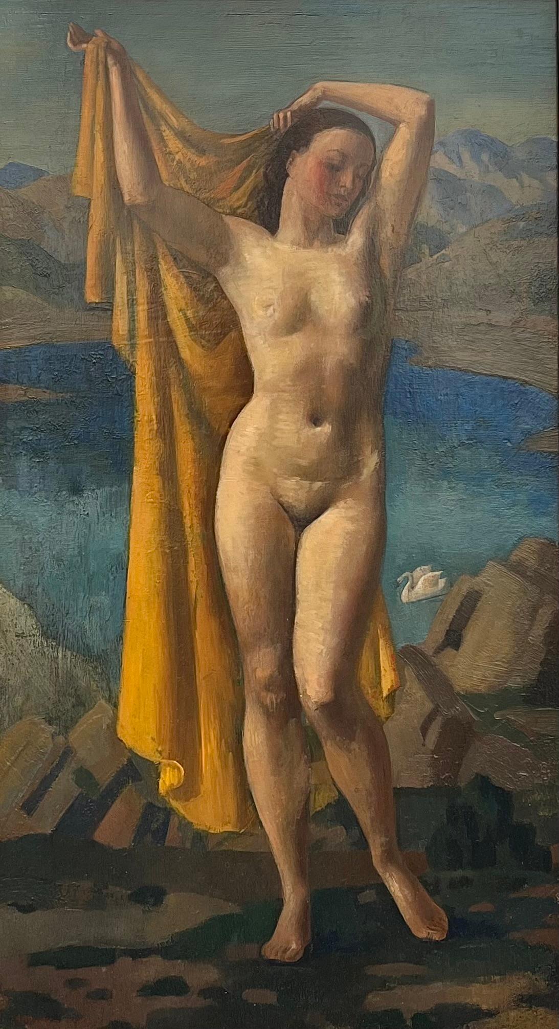 Leda und der Schwan, signiertes Ölgemälde, Art déco, 20. Jahrhundert