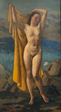 Leda und der Schwan, signiertes Ölgemälde, Art déco, 20. Jahrhundert