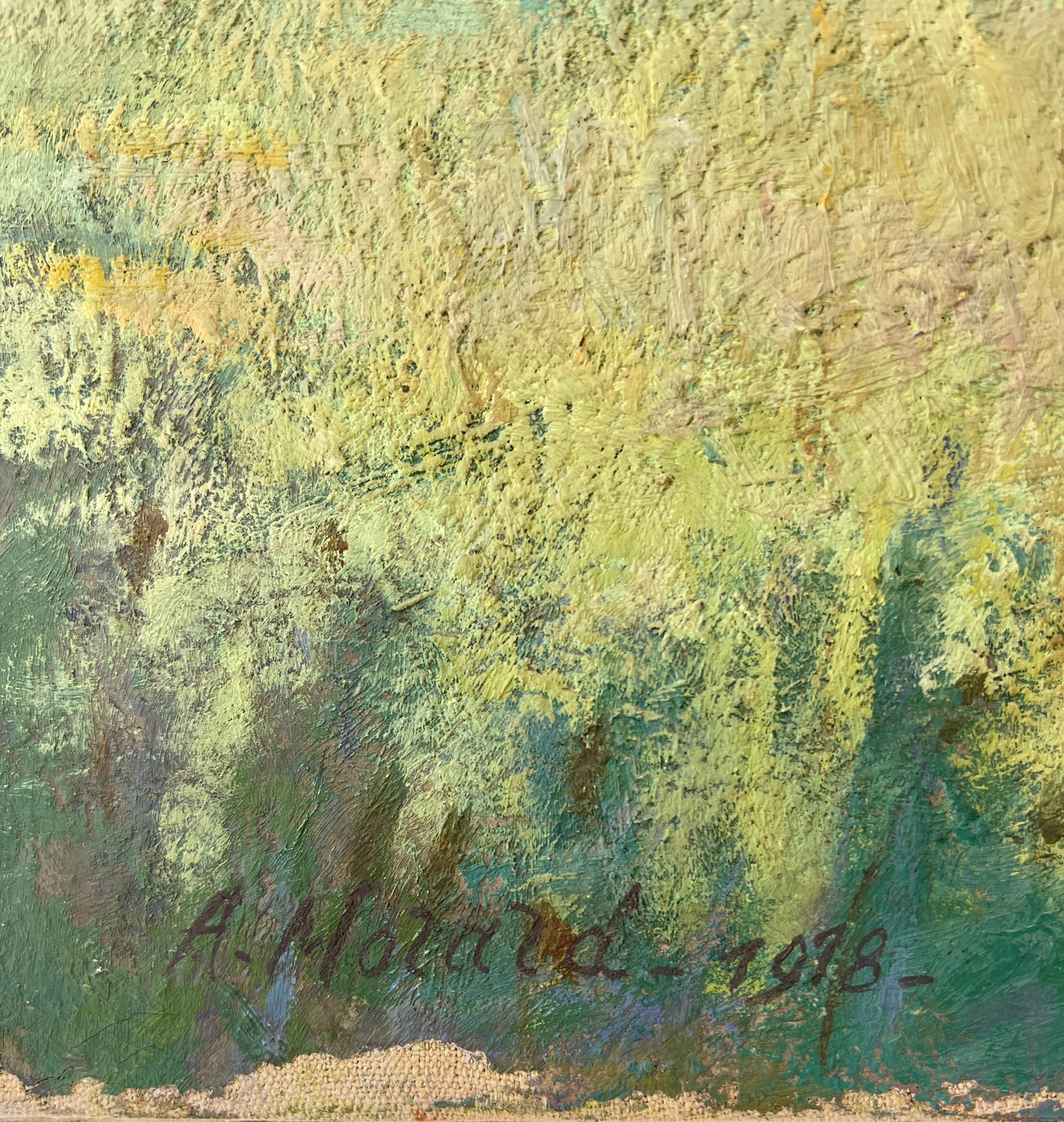 Ländliche Landschaft mit Blick auf den Jura Schweiz (Grau), Landscape Painting, von Arthur Morard