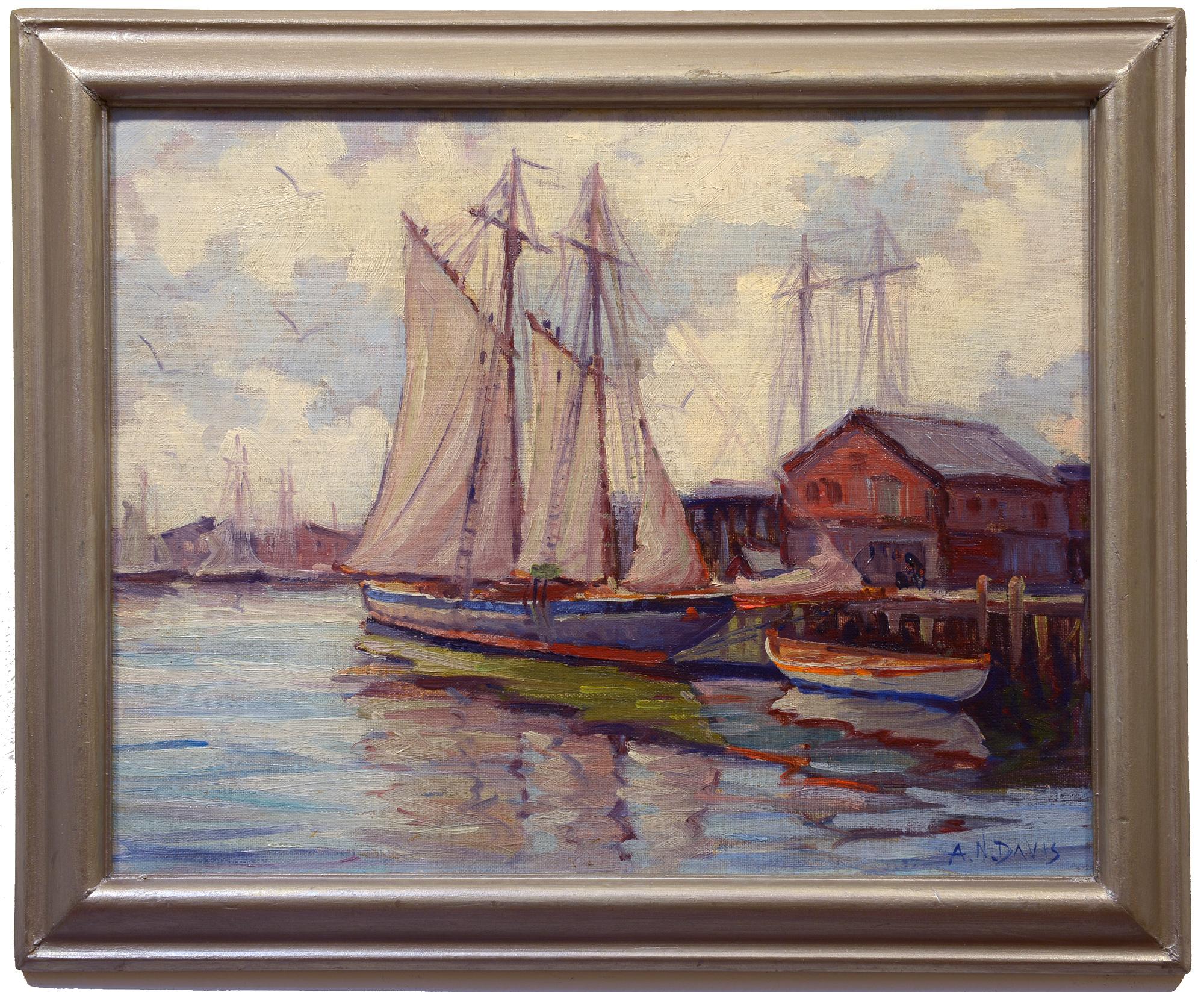 Harbor Reflections, Gloucester, Sailing Ships - Painting by Arthur N. Davis