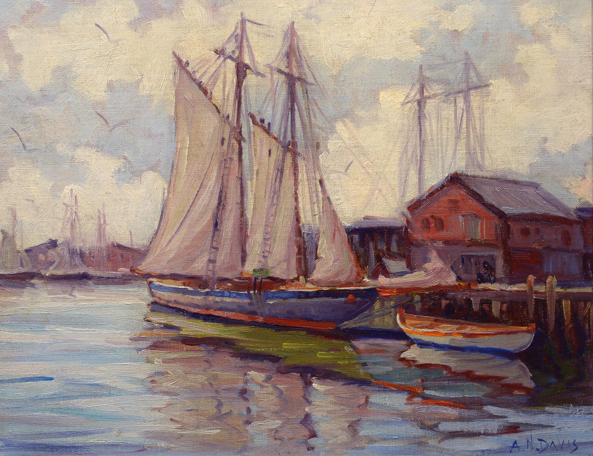 Arthur N. Davis Landscape Painting - Harbor Reflections, Gloucester, Sailing Ships