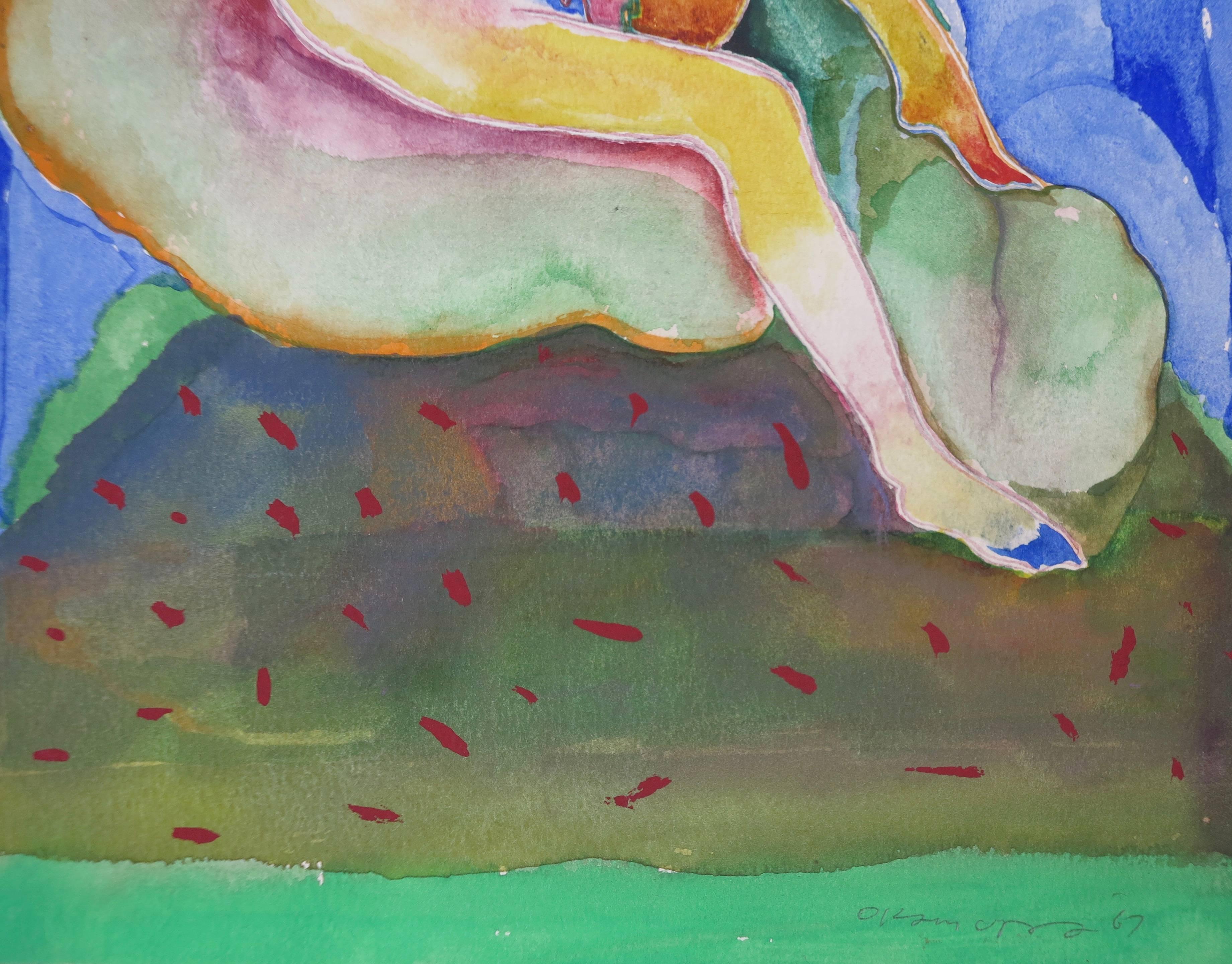Nude on Rock, 1967 - Painting by Arthur Okamura